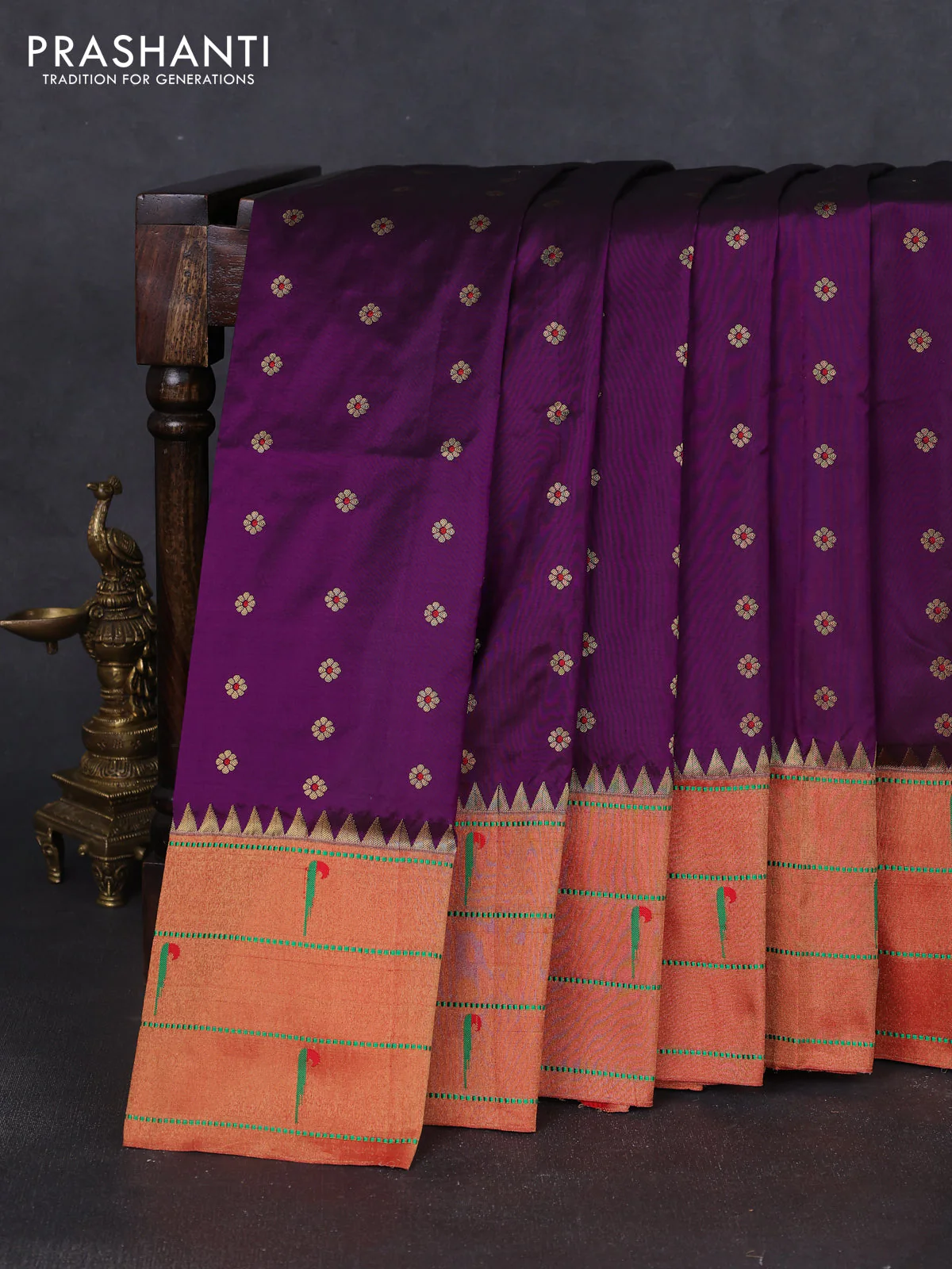 Pure paithani silk saree purple and red with allover zari woven floral buttas and zari woven muniya butta border