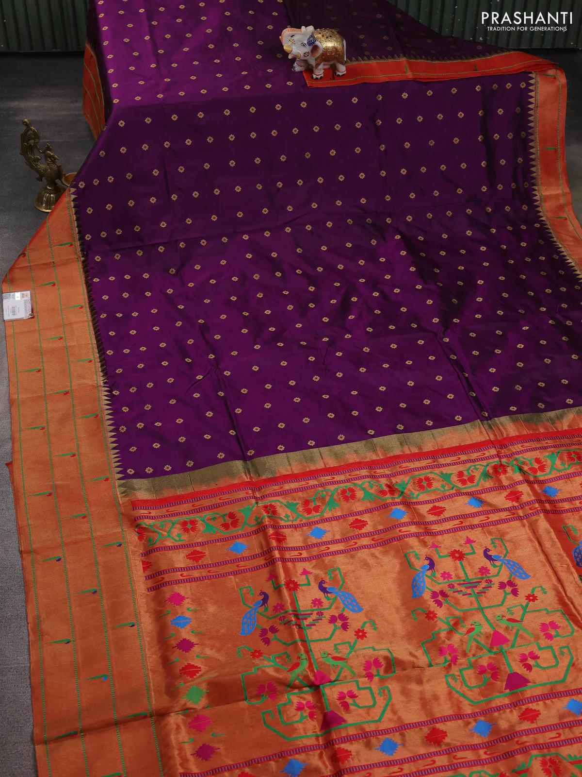 Pure paithani silk saree purple and red with allover zari woven floral buttas and zari woven muniya butta border - Image 2