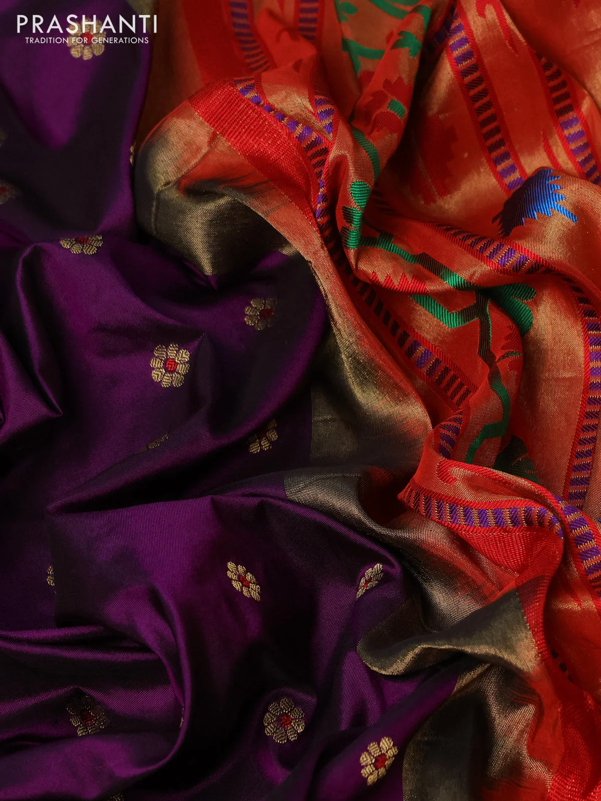 Pure paithani silk saree purple and red with allover zari woven floral buttas and zari woven muniya butta border - Image 3