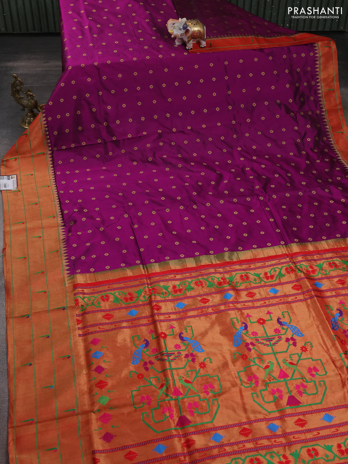 Pure paithani silk saree purple and red with allover zari woven floral buttas and zari woven muniya butta border - Image 2