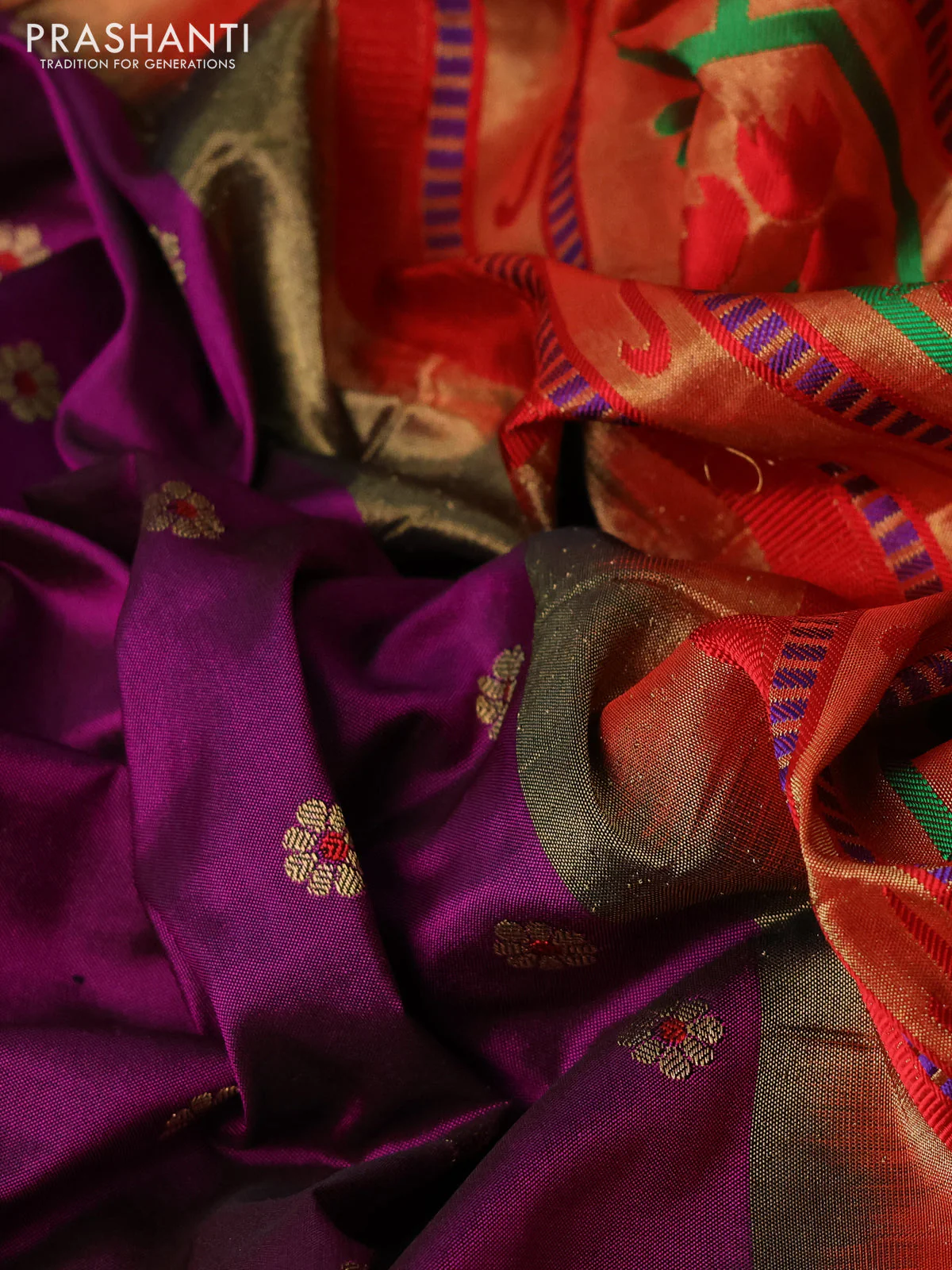Pure paithani silk saree purple and red with allover zari woven floral buttas and zari woven muniya butta border - Image 3