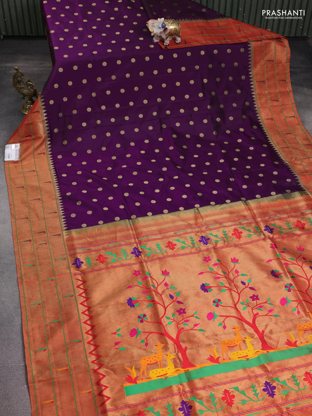 Pure paithani silk saree purple and red with zari woven buttas and muniya butta border - Image 2