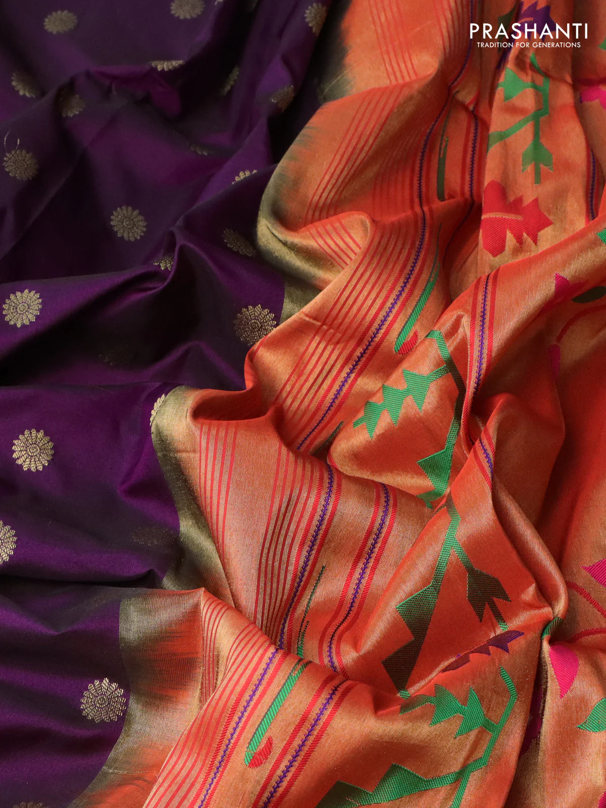 Pure paithani silk saree purple and red with zari woven buttas and muniya butta border - Image 3