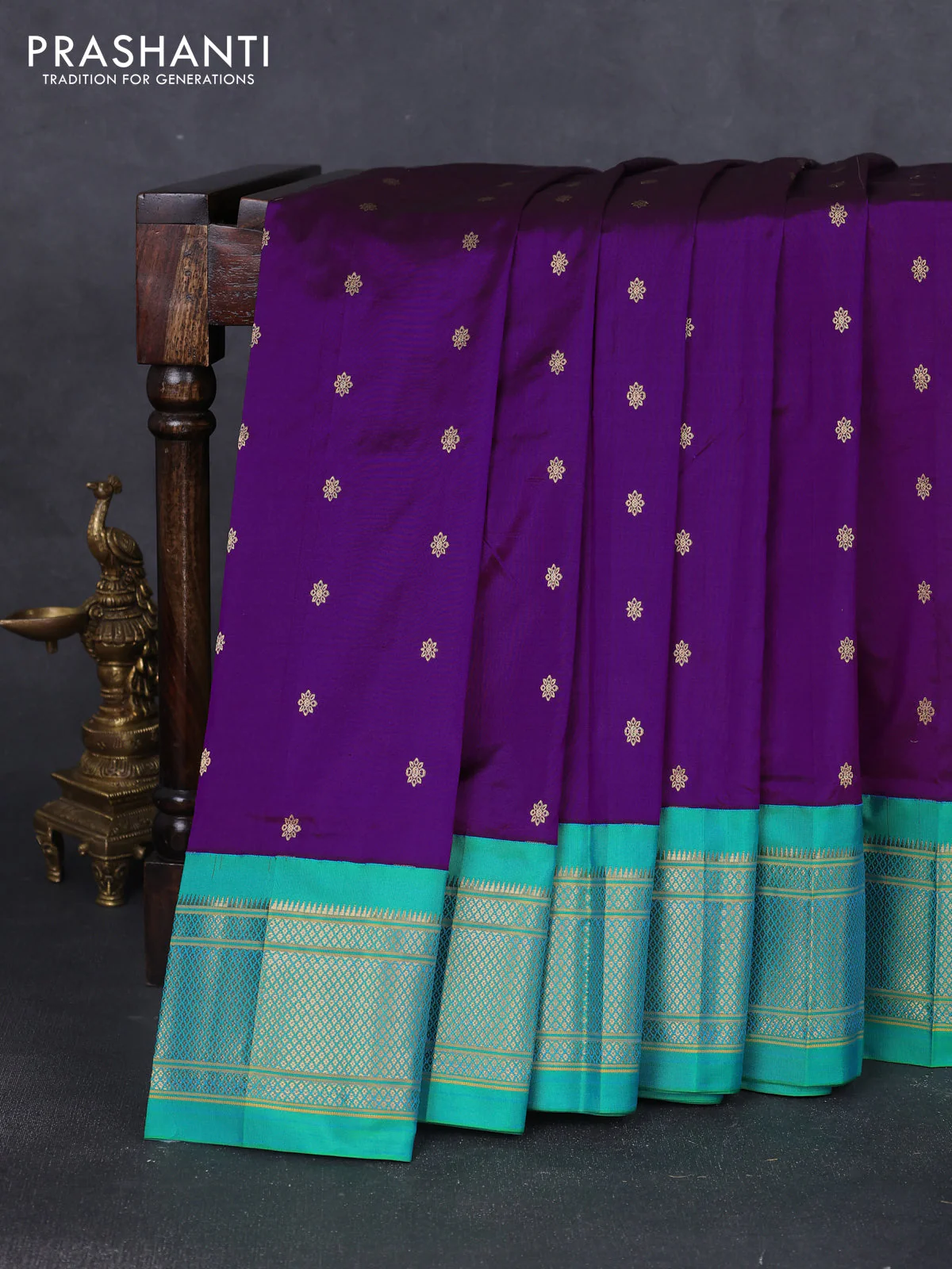 Pure paithani silk saree purple and teal green with allover zari woven buttas and paithani weaving pallu