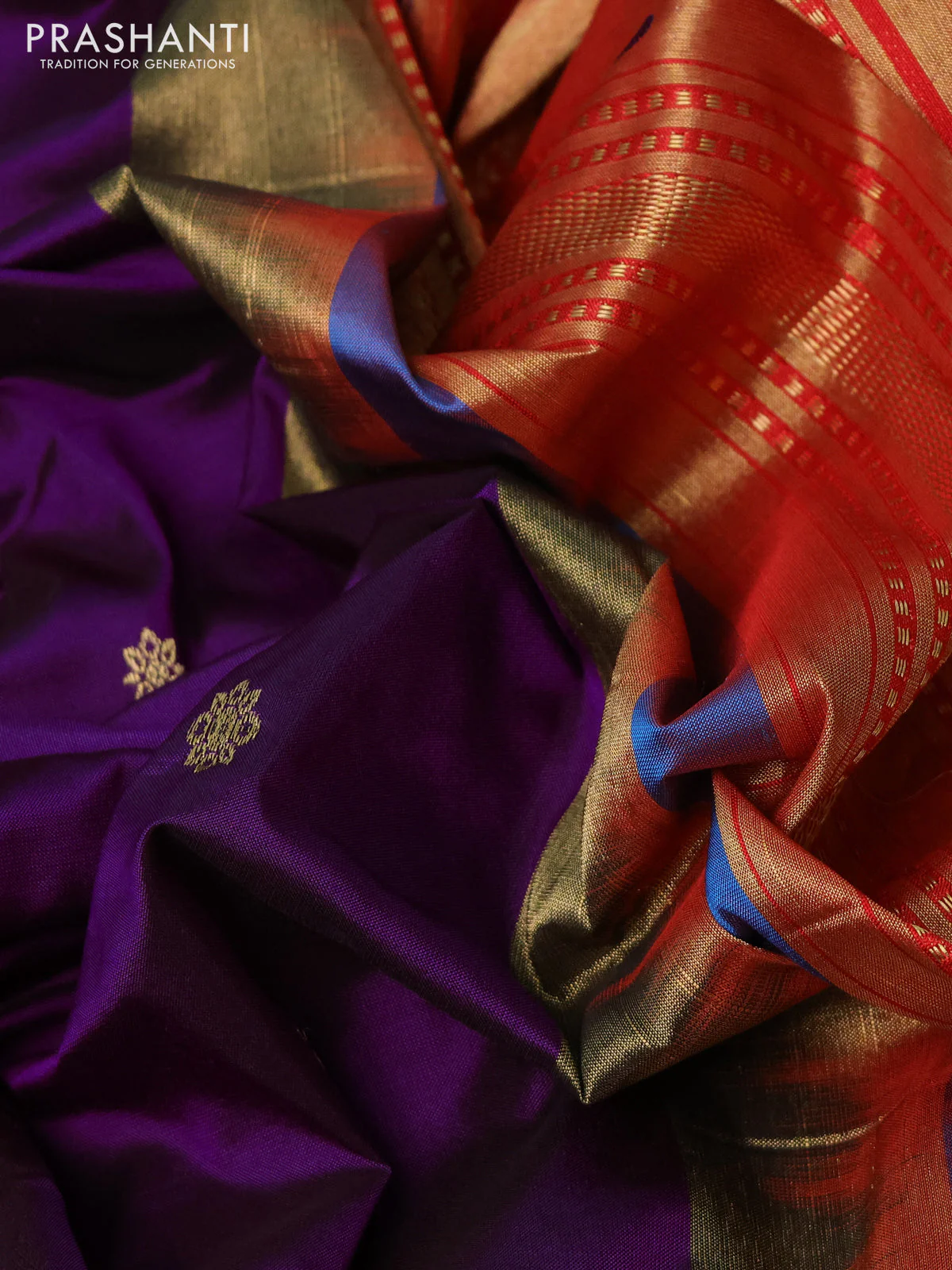 Pure paithani silk saree purple and teal green with allover zari woven buttas and paithani weaving pallu - Image 3