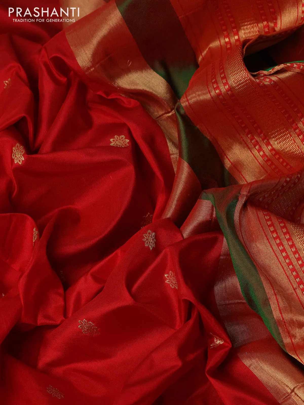 Pure paithani silk saree red and green with allover zari woven buttas and paithani weaving pallu - Image 3