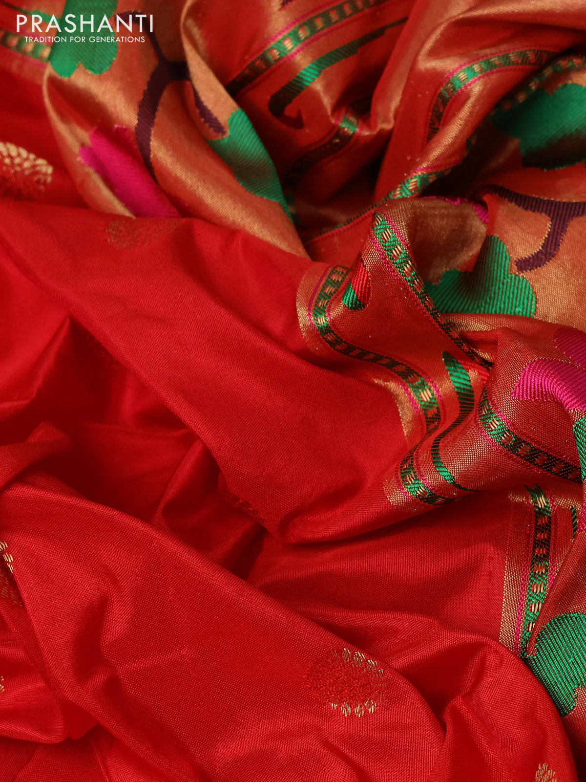 Pure paithani silk saree red with allover zari woven buttas and zari woven muniya butta border - Image 3
