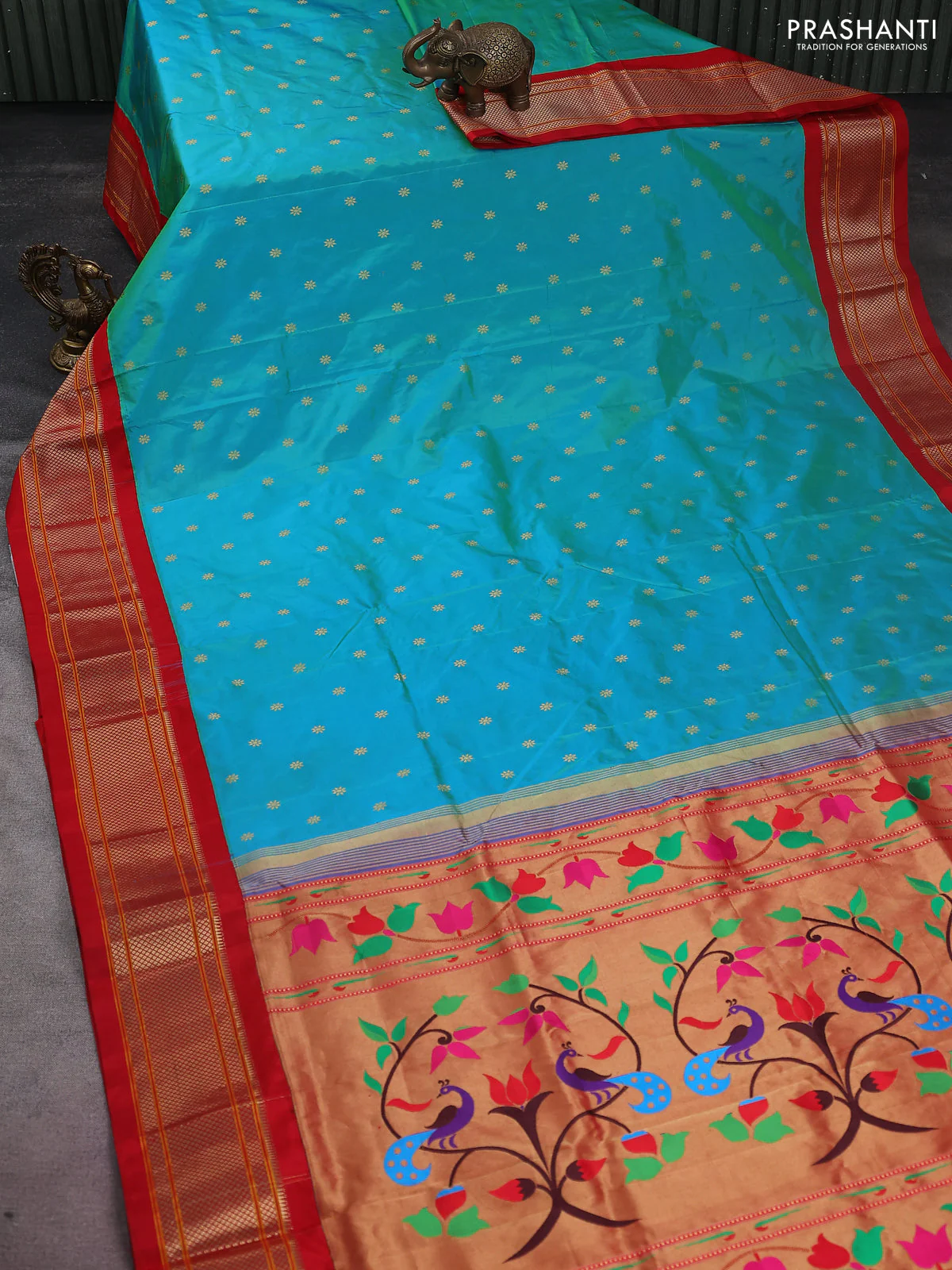 Pure paithani silk saree teal blue shade and red with allover zari woven floral buttas and paithani weaving pallu - Image 2