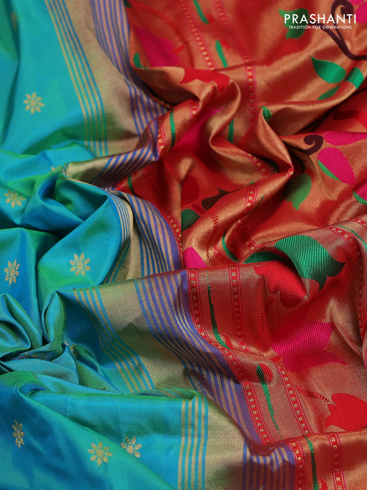 Pure paithani silk saree teal blue shade and red with allover zari woven floral buttas and paithani weaving pallu - Image 3