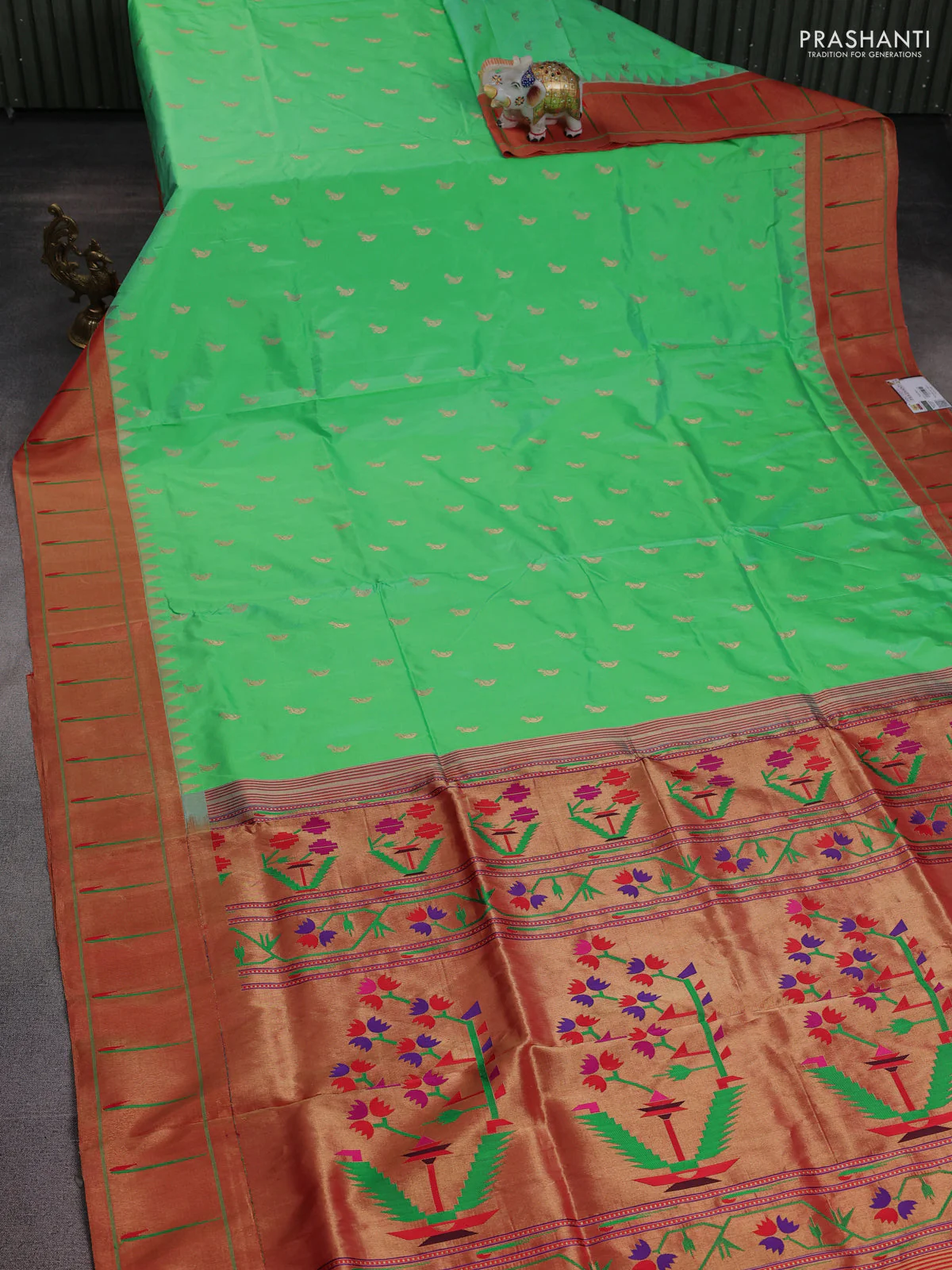 Pure paithani silk saree teal green and red with zari woven buttas and muniya butta border - Image 2