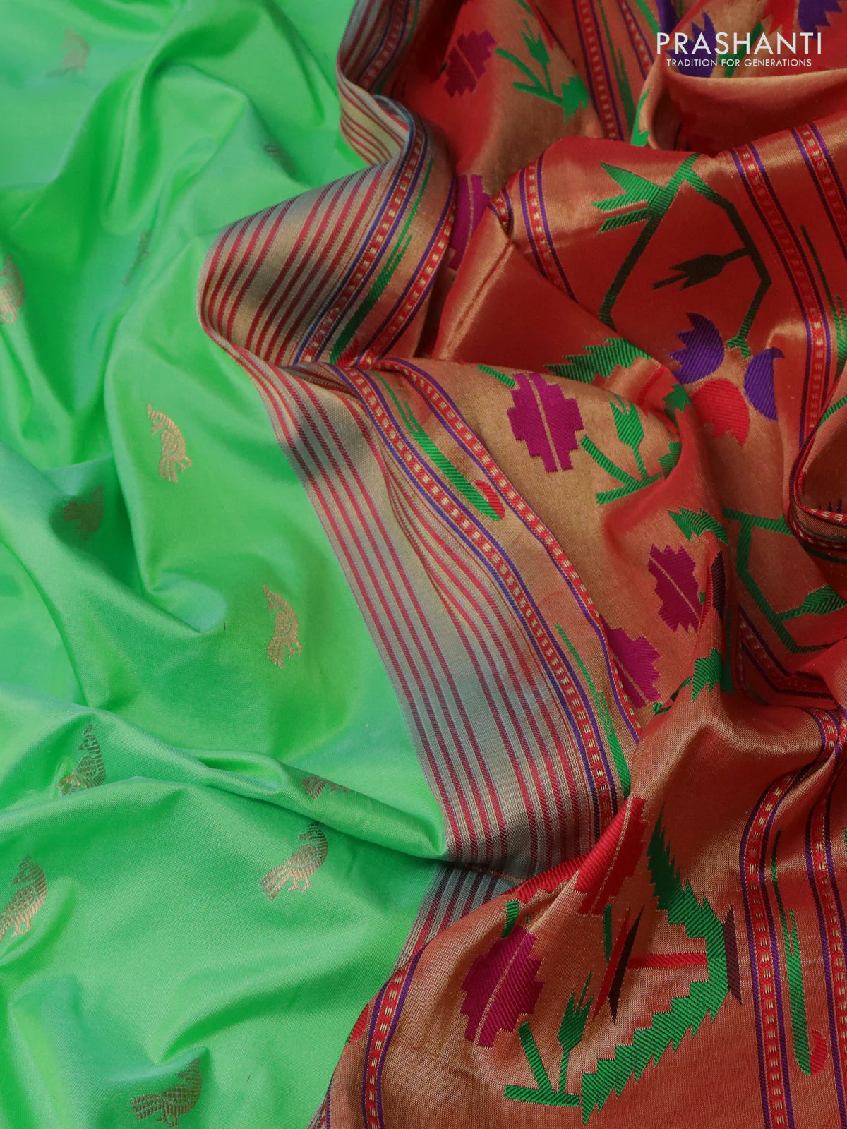 Pure paithani silk saree teal green and red with zari woven buttas and muniya butta border - Image 3