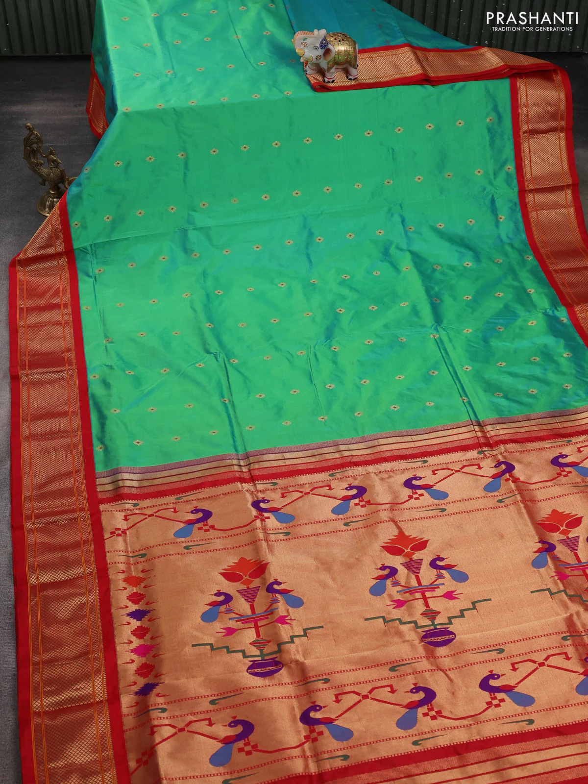 Pure paithani silk saree teal green and red with zari woven buttas and paithani weaving pallu - Image 2