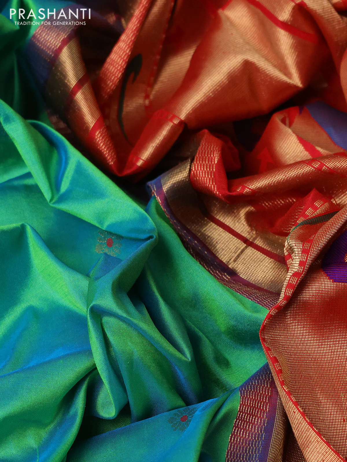 Pure paithani silk saree teal green and red with zari woven buttas and paithani weaving pallu - Image 3
