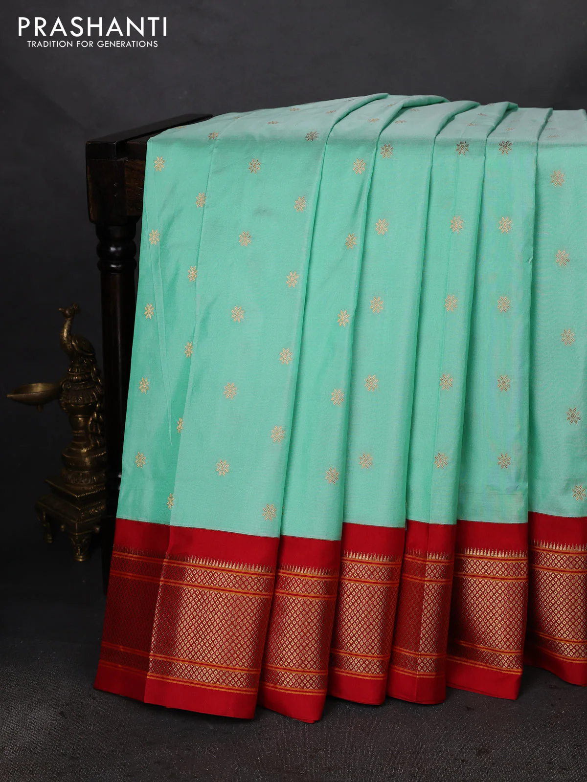 Pure paithani silk saree teal green shade and red with allover zari woven buttas and paithani weaving pallu - Image 2