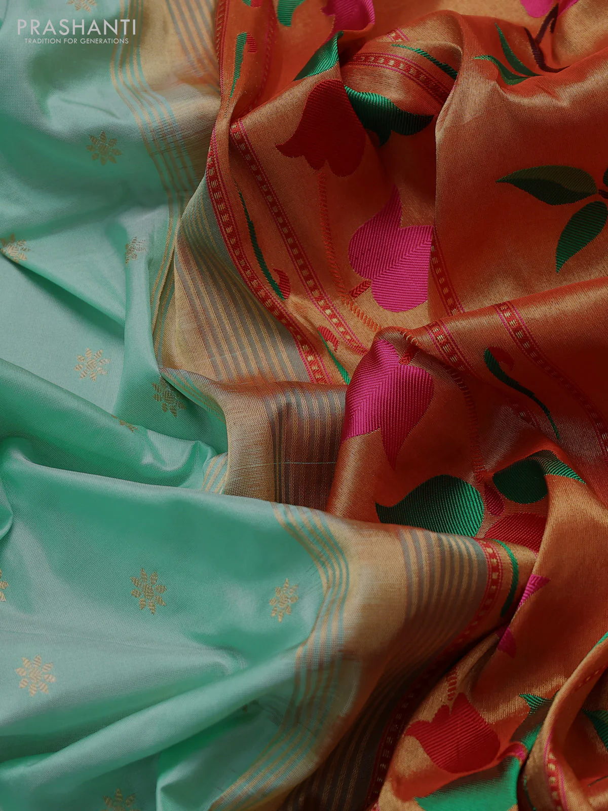Pure paithani silk saree teal green shade and red with allover zari woven buttas and paithani weaving pallu - Image 3