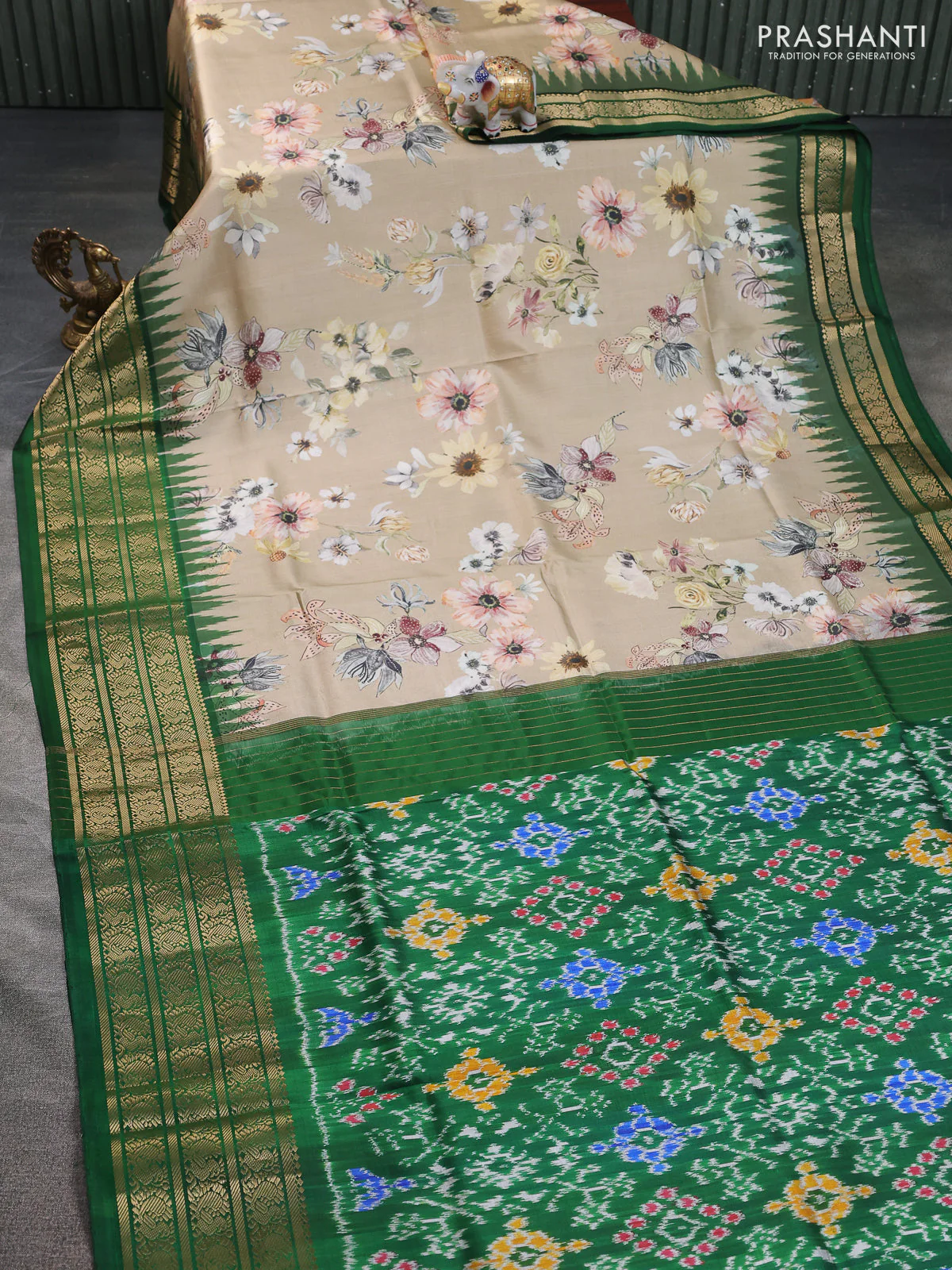 Pure pochampally silk saree beige and green with allover floral digital prints and temple design annam zari woven border - Image 2