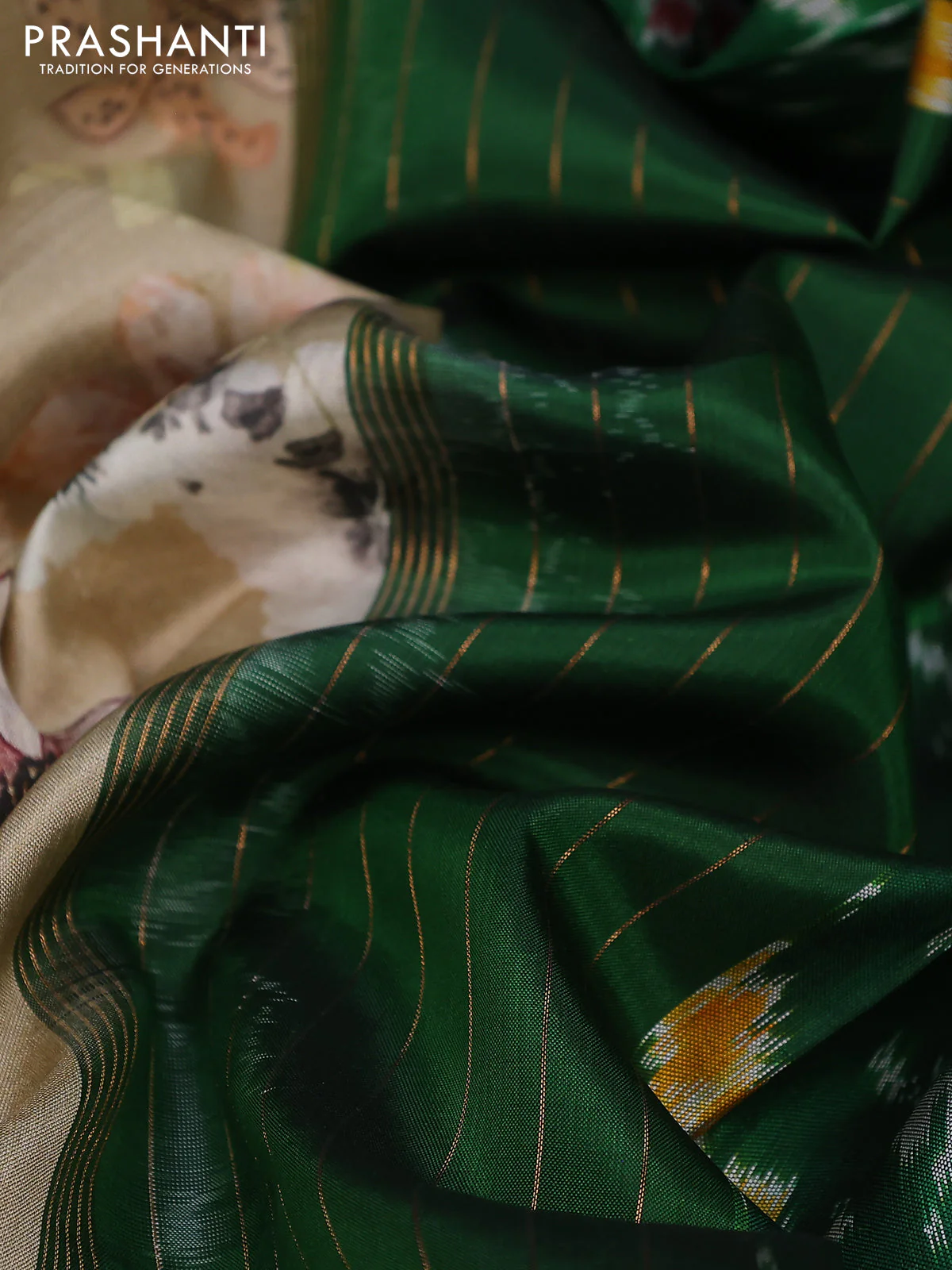 Pure pochampally silk saree beige and green with allover floral digital prints and temple design annam zari woven border - Image 3