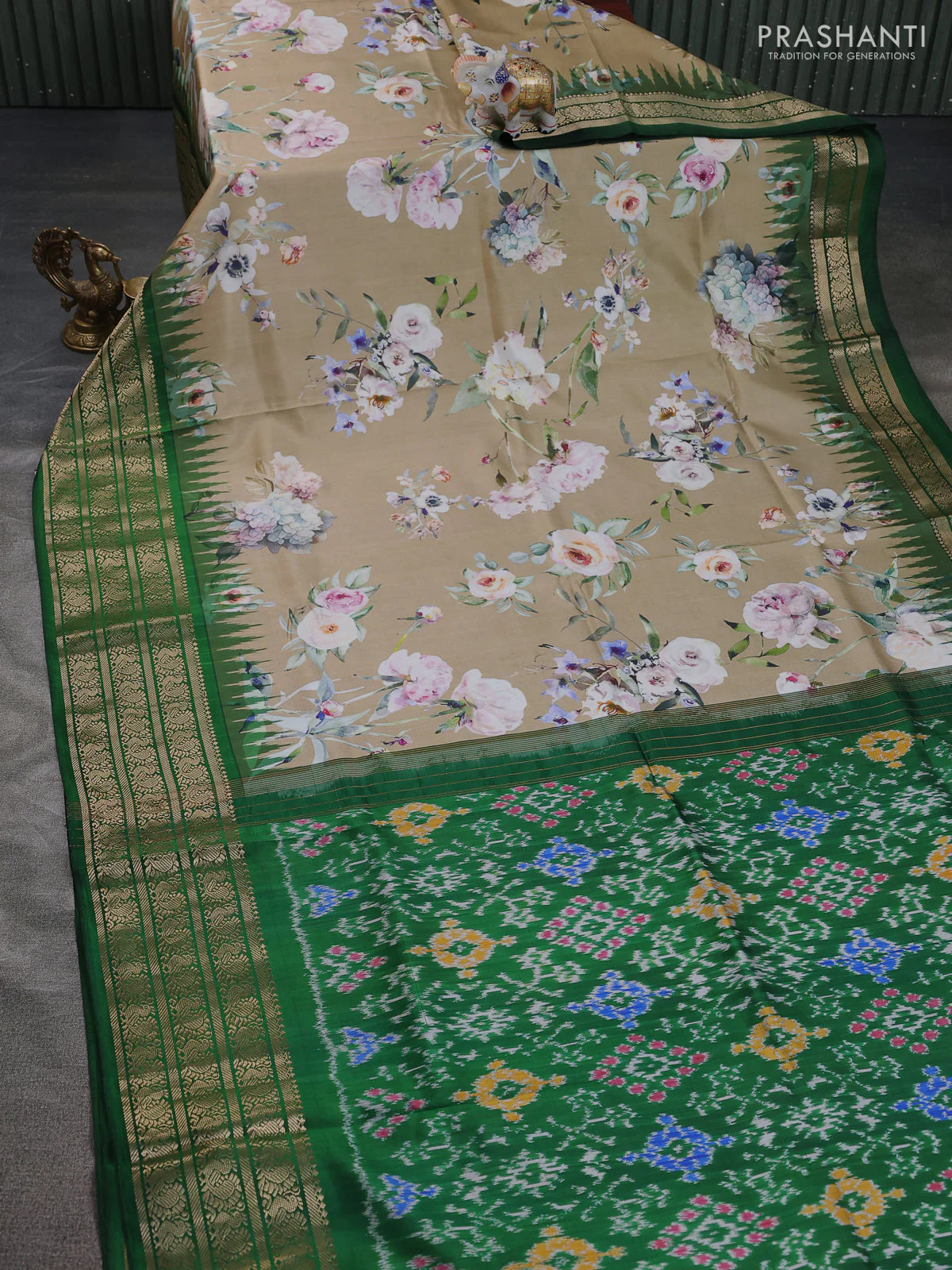 Pure pochampally silk saree beige and green with allover floral digital prints and temple design annam zari woven border - Image 2