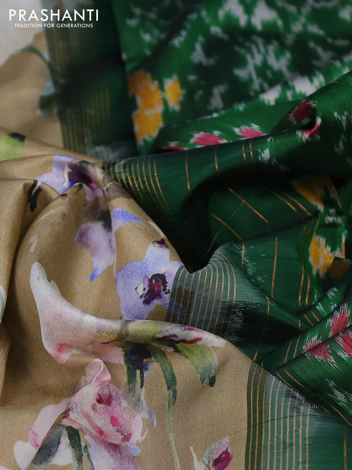 Pure pochampally silk saree beige and green with allover floral digital prints and temple design annam zari woven border - Image 3