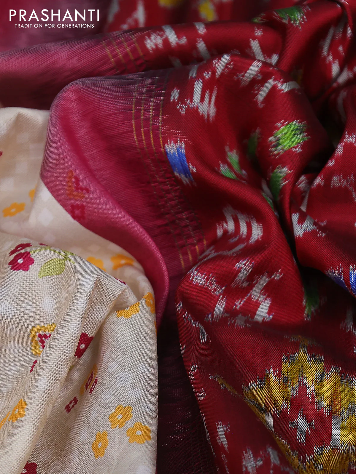 Pure pochampally silk saree beige and maroon with floral prints and temple design annam zari woven border - Image 3