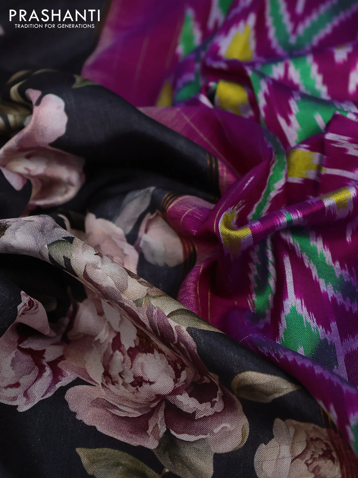 Pure pochampally silk saree elephant grey and pink with allover floral digital prints and temple design annam zari woven border - Image 3