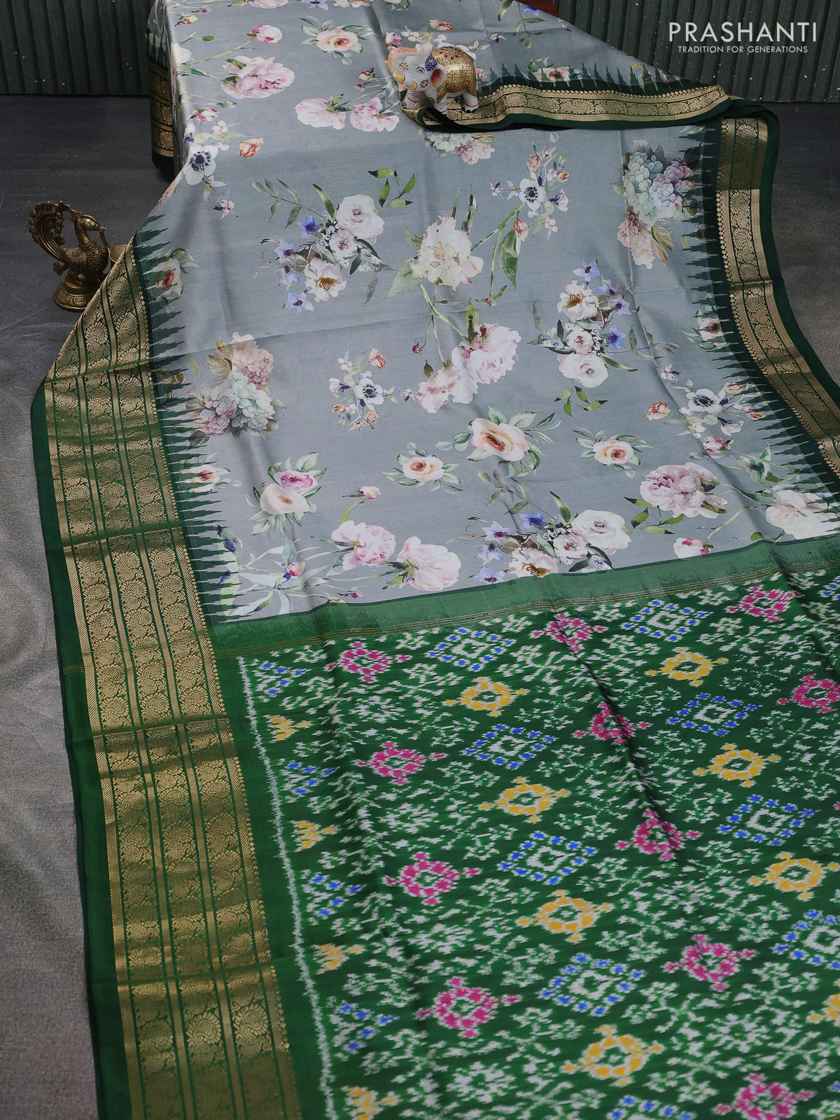 Pure pochampally silk saree grey and green with allover floral digital prints and temple design annam zari woven border - Image 2