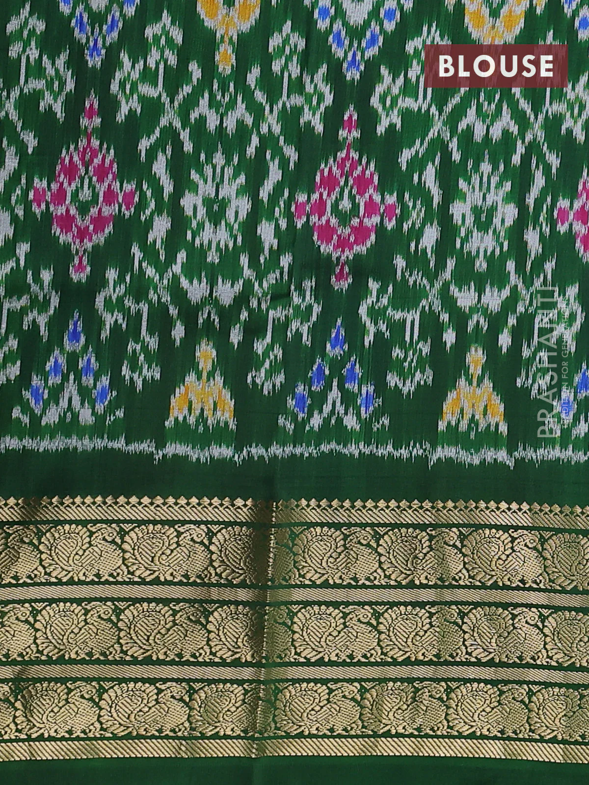 Pure pochampally silk saree grey and green with allover floral digital prints and temple design annam zari woven border - Image 4