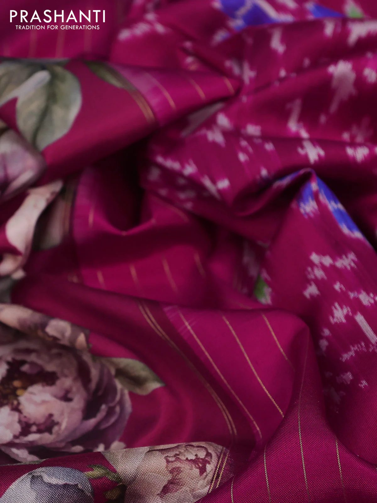 Pure pochampally silk saree pink with allover floral digital prints and temple design annam zari woven border - Image 3
