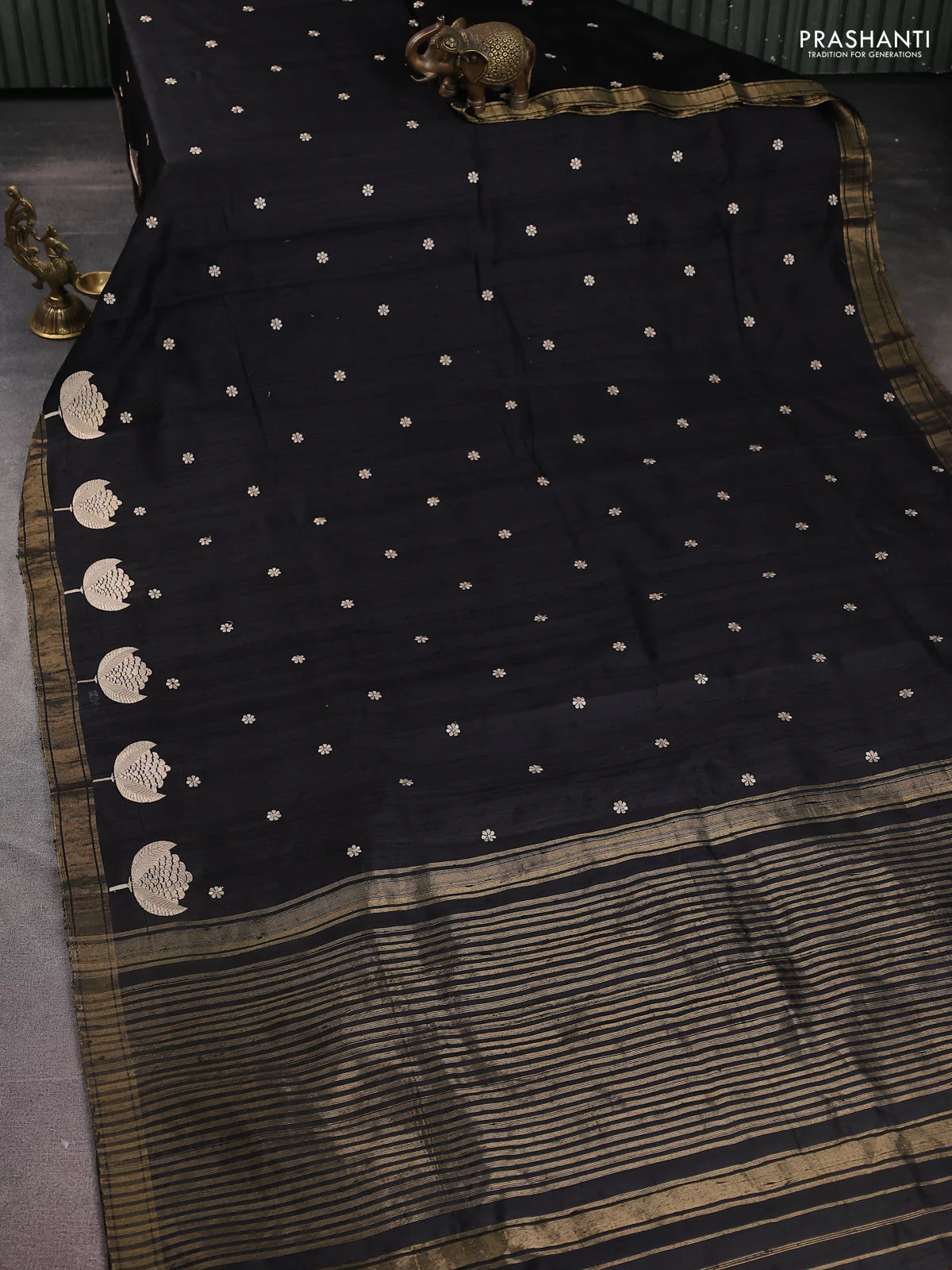 Pure raw silk saree black and maroon with embroidery buttas and embroidery butta zari border - Image 2