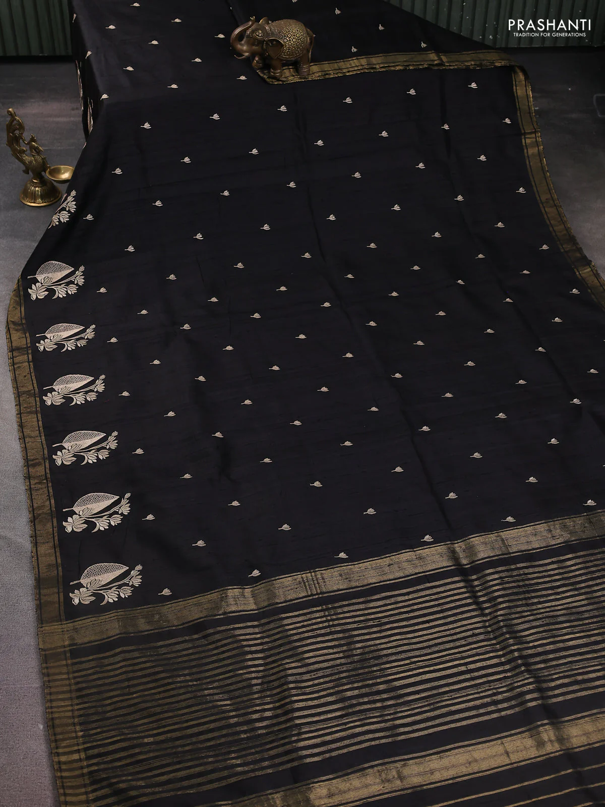 Pure raw silk saree black and red with allover embroidery buttas and embroidery butta zari border - Image 2