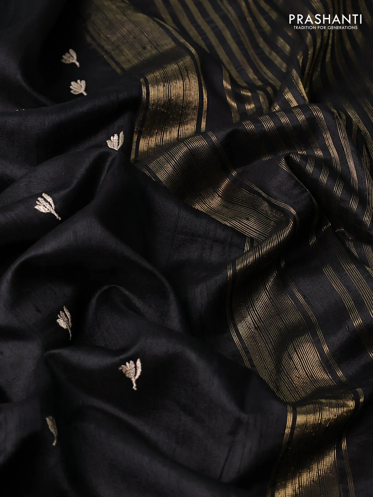 Pure raw silk saree black and red with allover embroidery buttas and embroidery butta zari border - Image 3