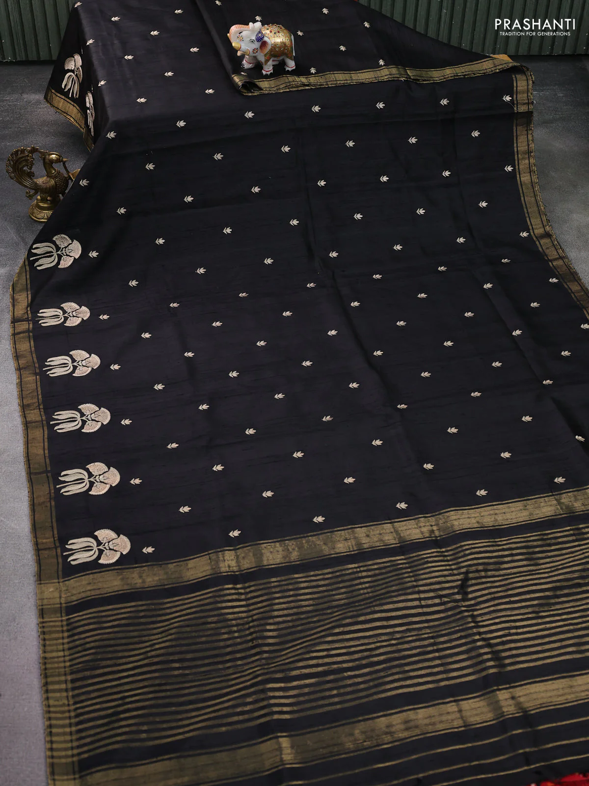 Pure raw silk saree black and red with embroidery buttas and embroidery butta zari border - Image 2