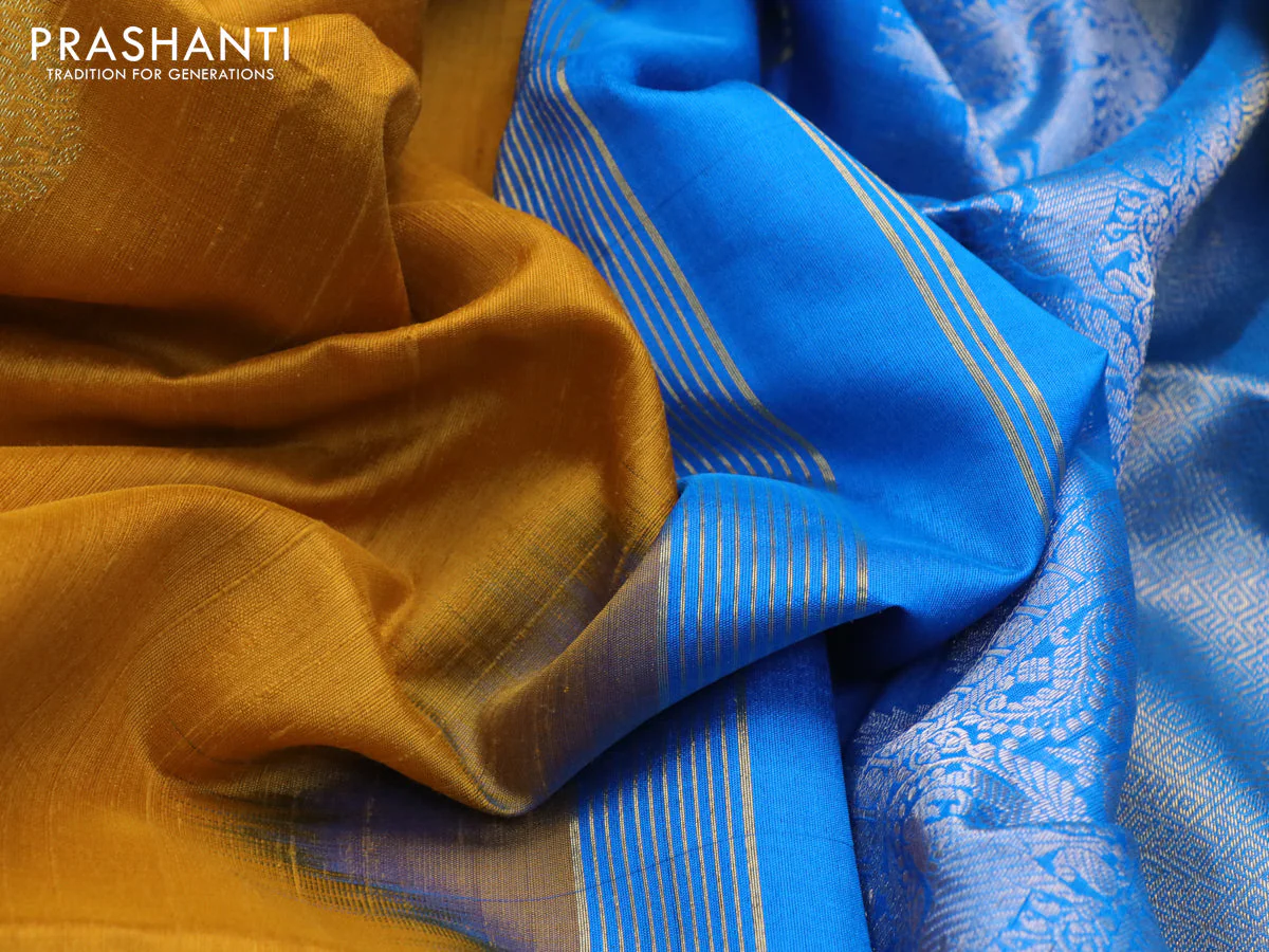 Pure raw silk saree cs blue and mustard yellow with silver & gold zari woven buttas and zari woven border - Image 3