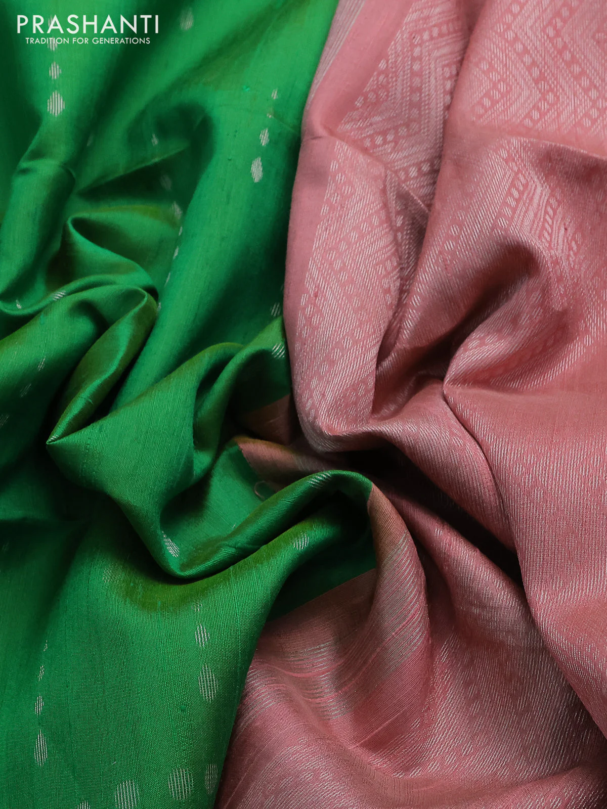 Pure raw silk saree green and pastel peach with allover silver zari woven buttas and silver zari woven border - Image 3