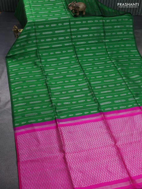 Pure raw silk saree green and pink with allover silver zari weaves in borderless style - Image 2