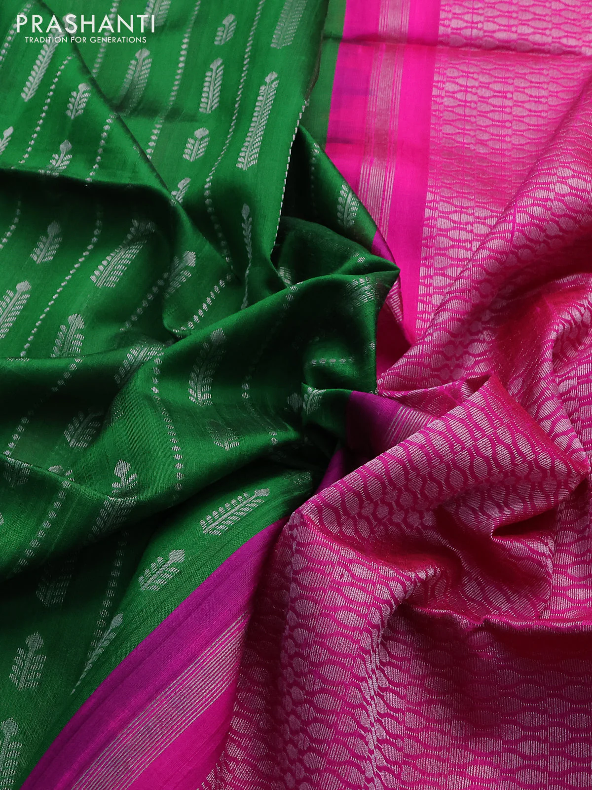 Pure raw silk saree green and pink with allover silver zari weaves in borderless style - Image 3
