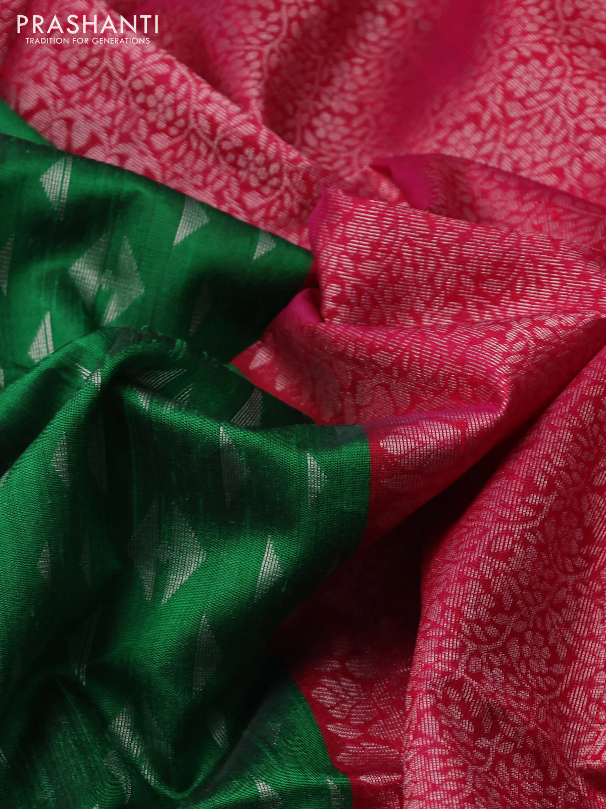 Pure raw silk saree green and reddish pink with allover silver zari geometric weaves and silver zari woven border - Image 3