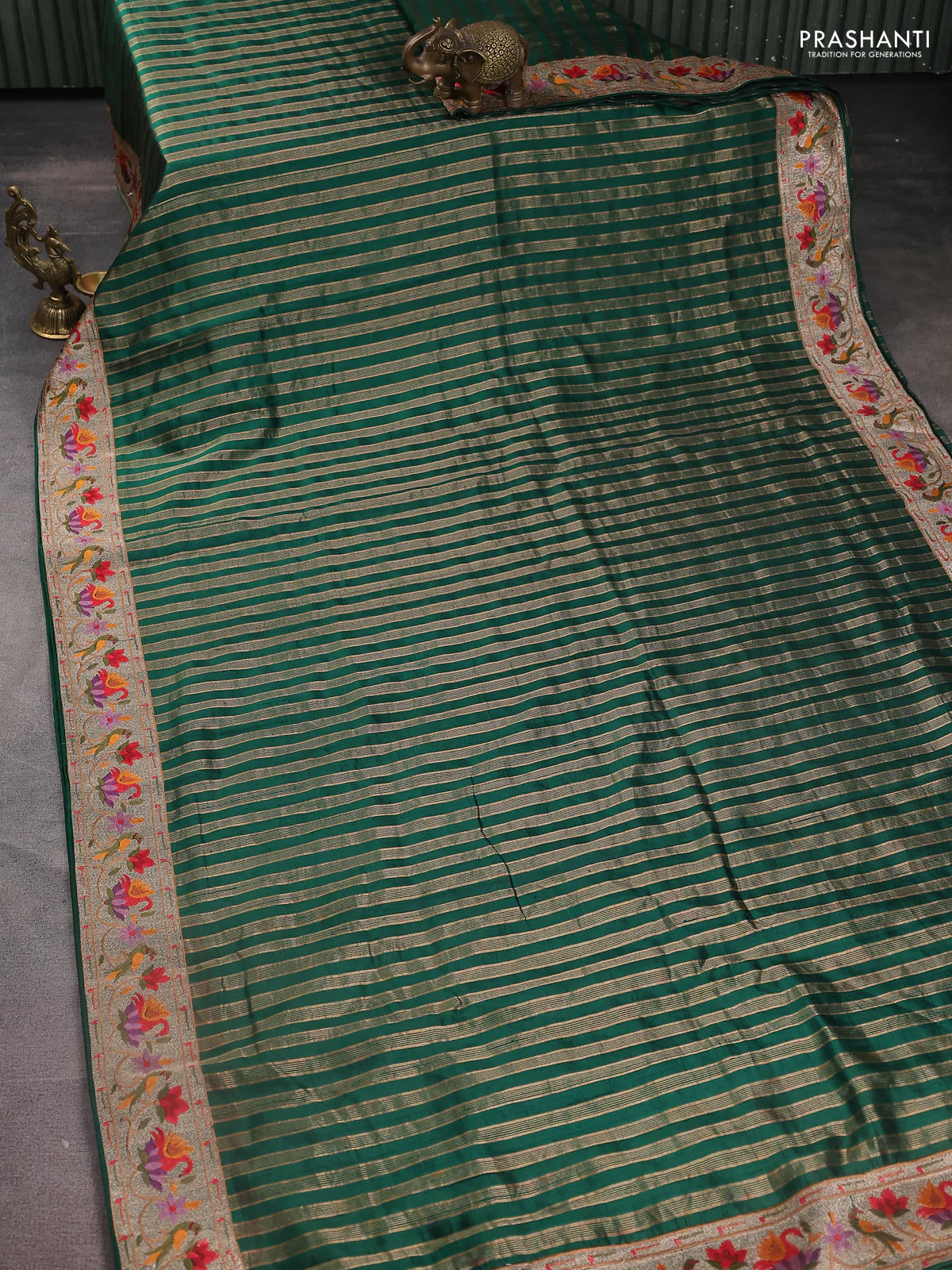 Pure raw silk saree green with allover zari woven stripe pattern and embroidery pallu & border - Image 2