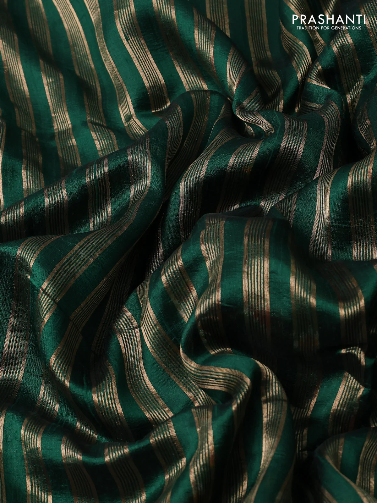 Pure raw silk saree green with allover zari woven stripe pattern and embroidery pallu & border - Image 3
