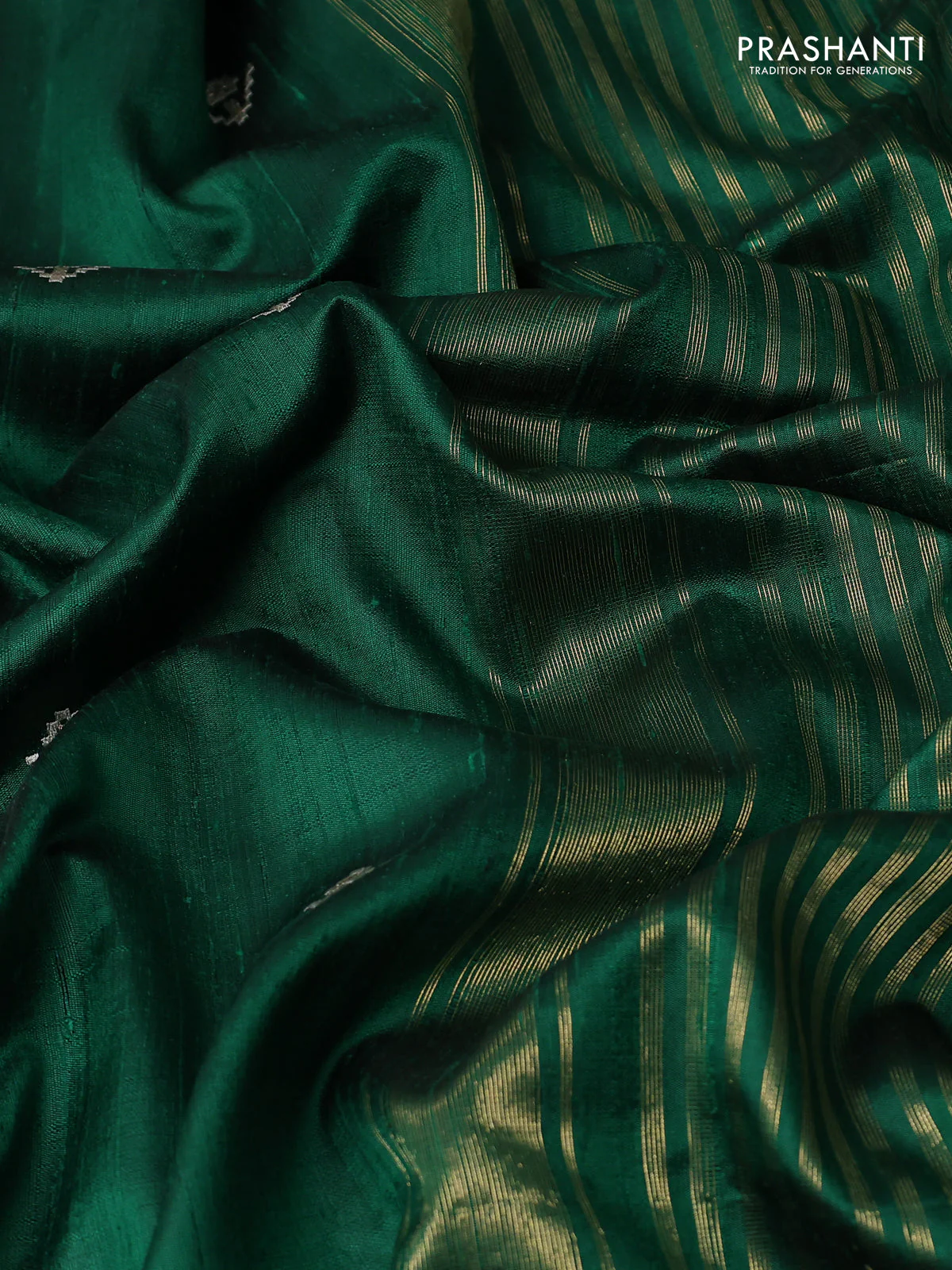 Pure raw silk saree green with embroidery buttas and paisley embroidery border - Image 3