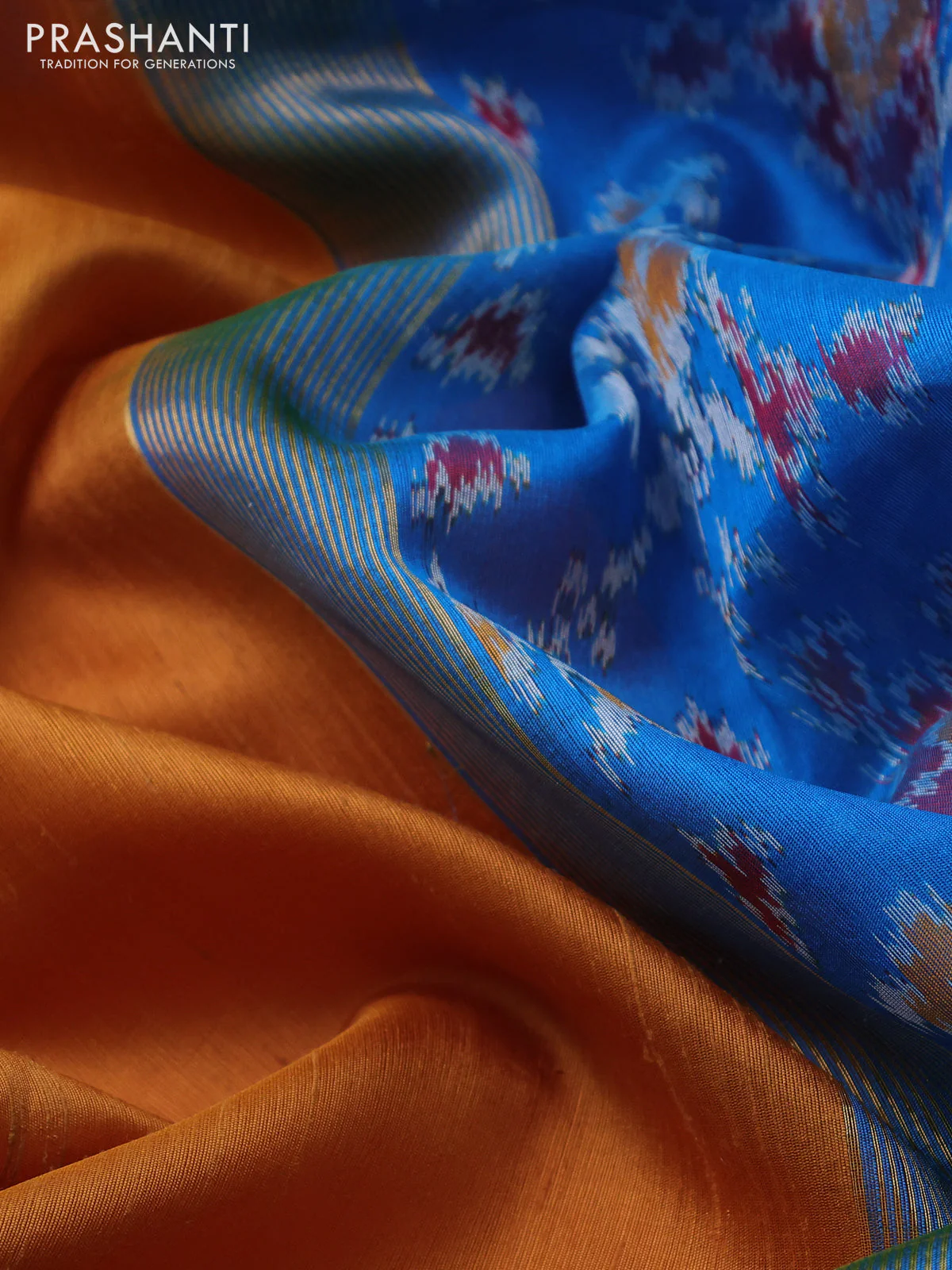 Pure raw silk saree mustard yellow and cs blue with plain body and ikat weaves pallu - Image 3