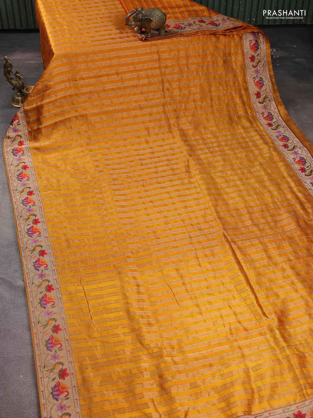 Pure raw silk saree mustard yellow with allover zari woven stripe pattern and embroidery pallu & border - Image 2