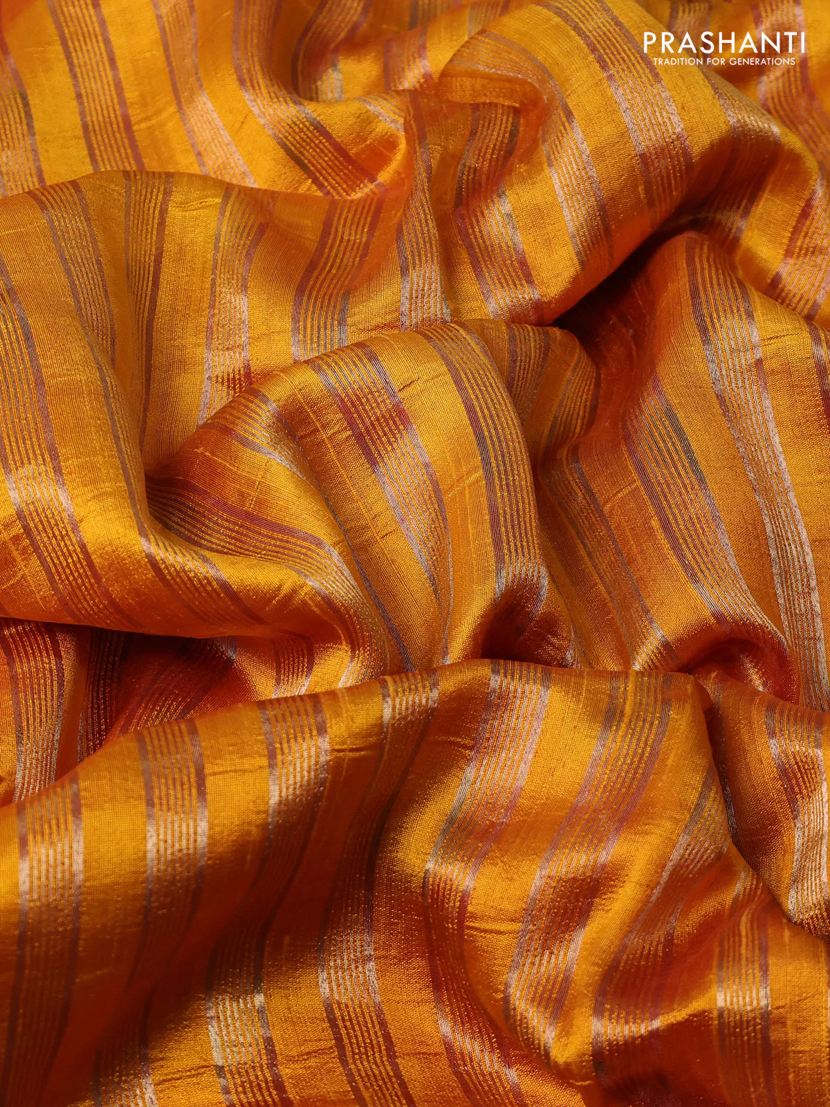 Pure raw silk saree mustard yellow with allover zari woven stripe pattern and embroidery pallu & border - Image 3