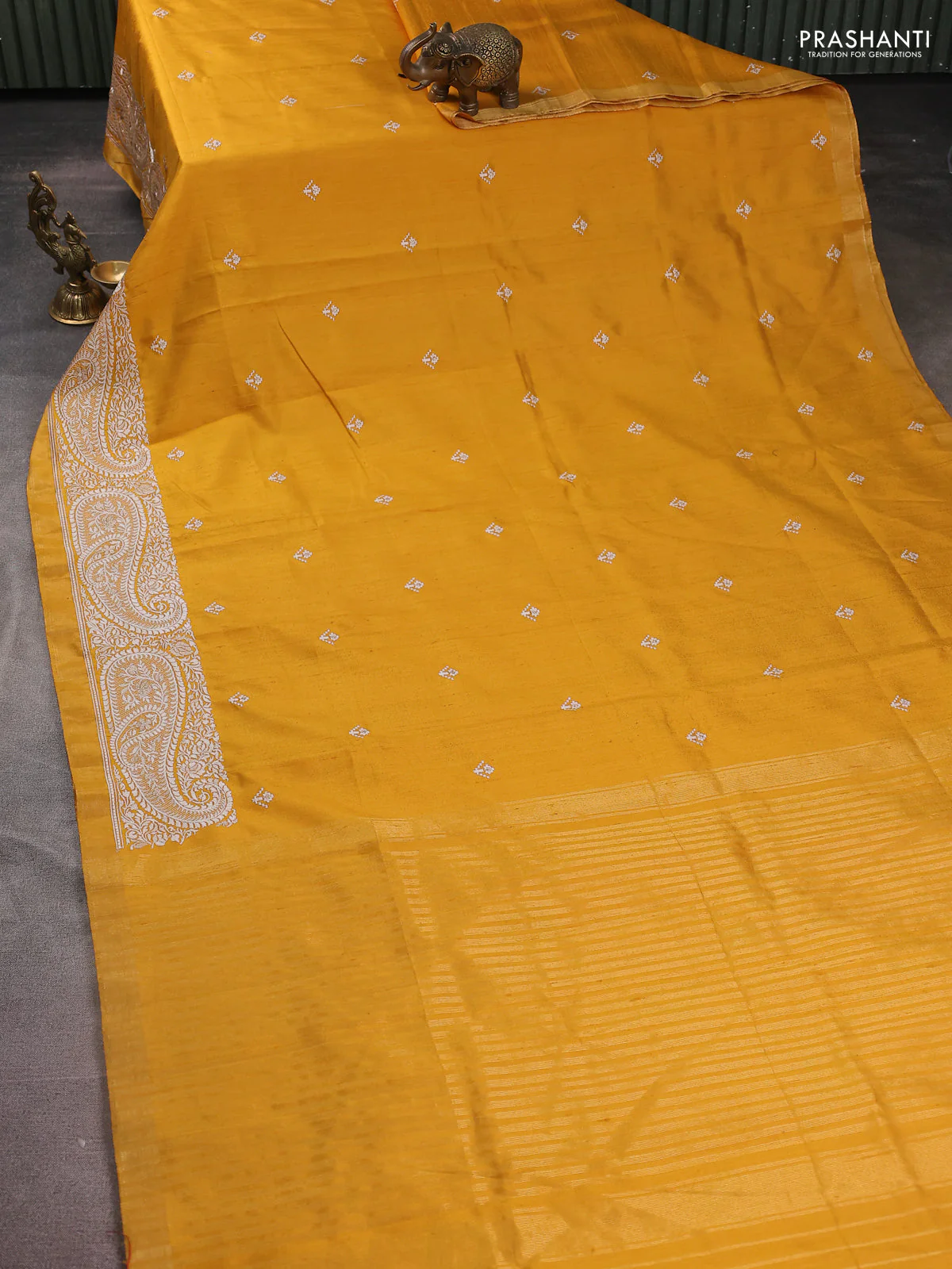 Pure raw silk saree mustard yellow with embroidery buttas and paisley embroidery border - Image 2