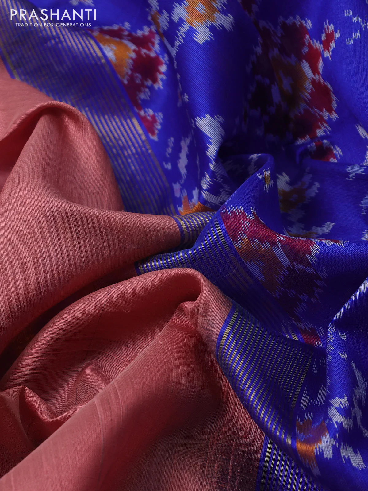 Pure raw silk saree peach shade and royal blue with plain body and ikat weaves pallu - Image 3