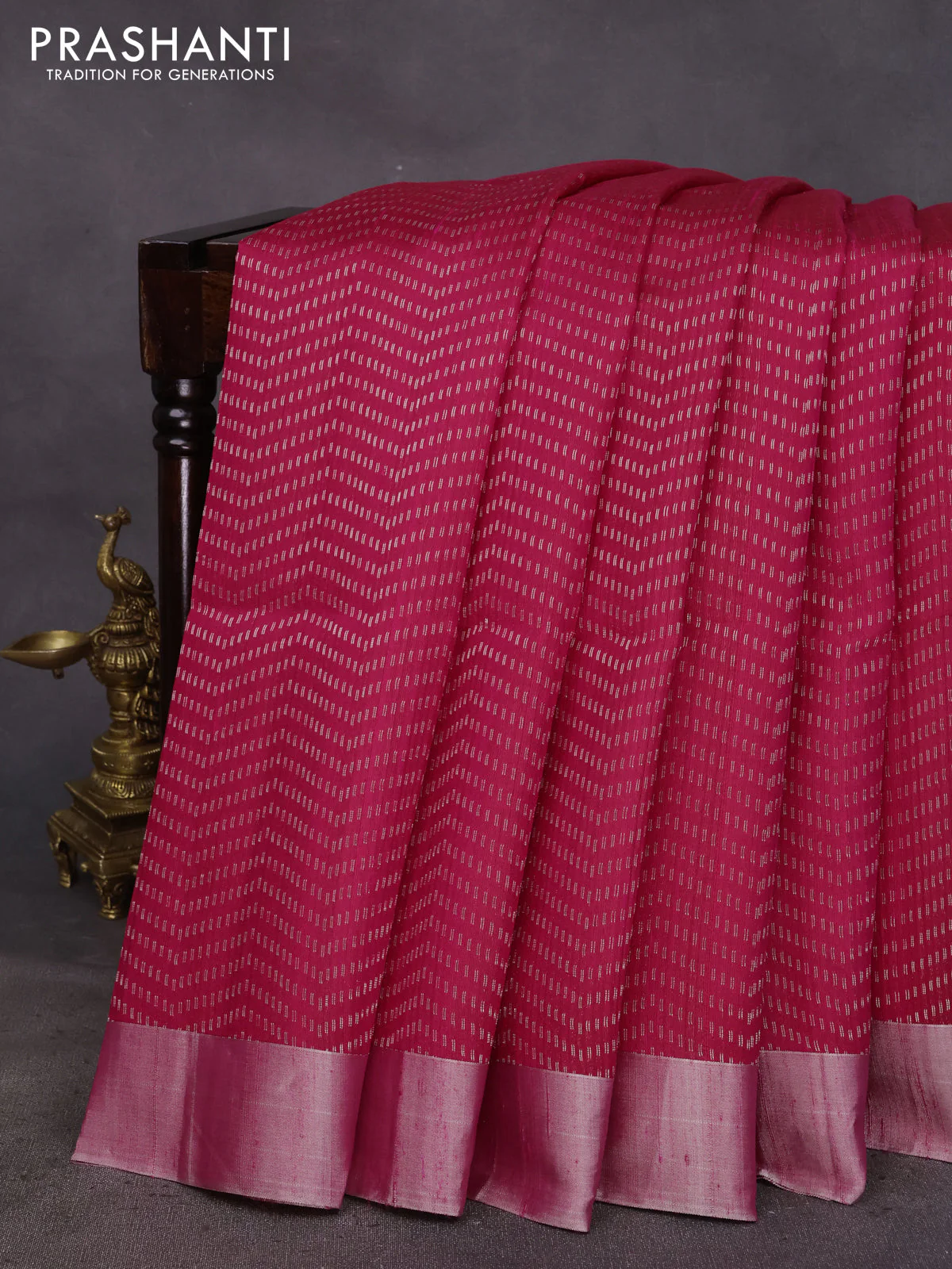 Pure raw silk saree pink and cream with allover silver zari weaves and silver zari woven border