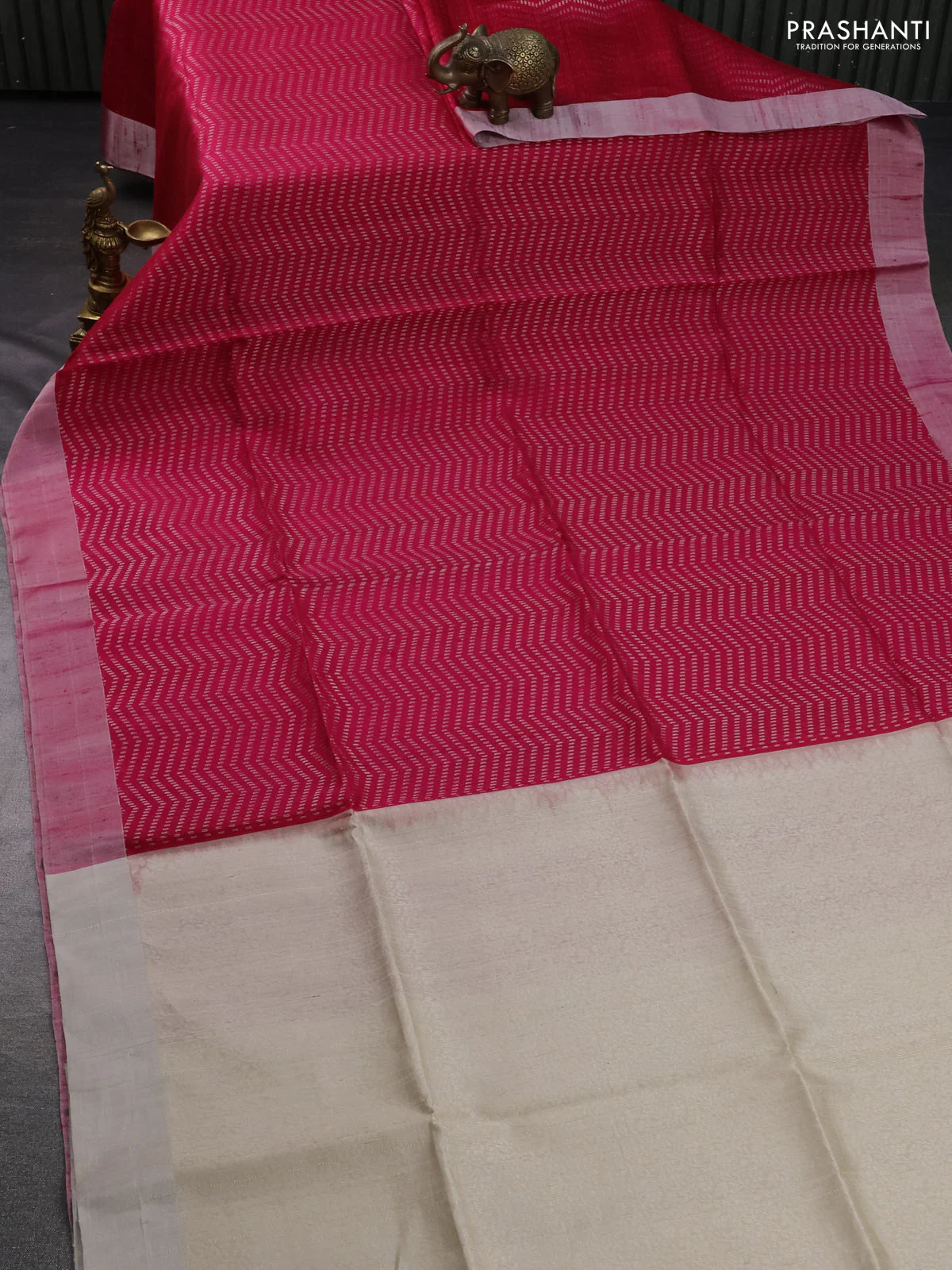 Pure raw silk saree pink and cream with allover silver zari weaves and silver zari woven border - Image 2