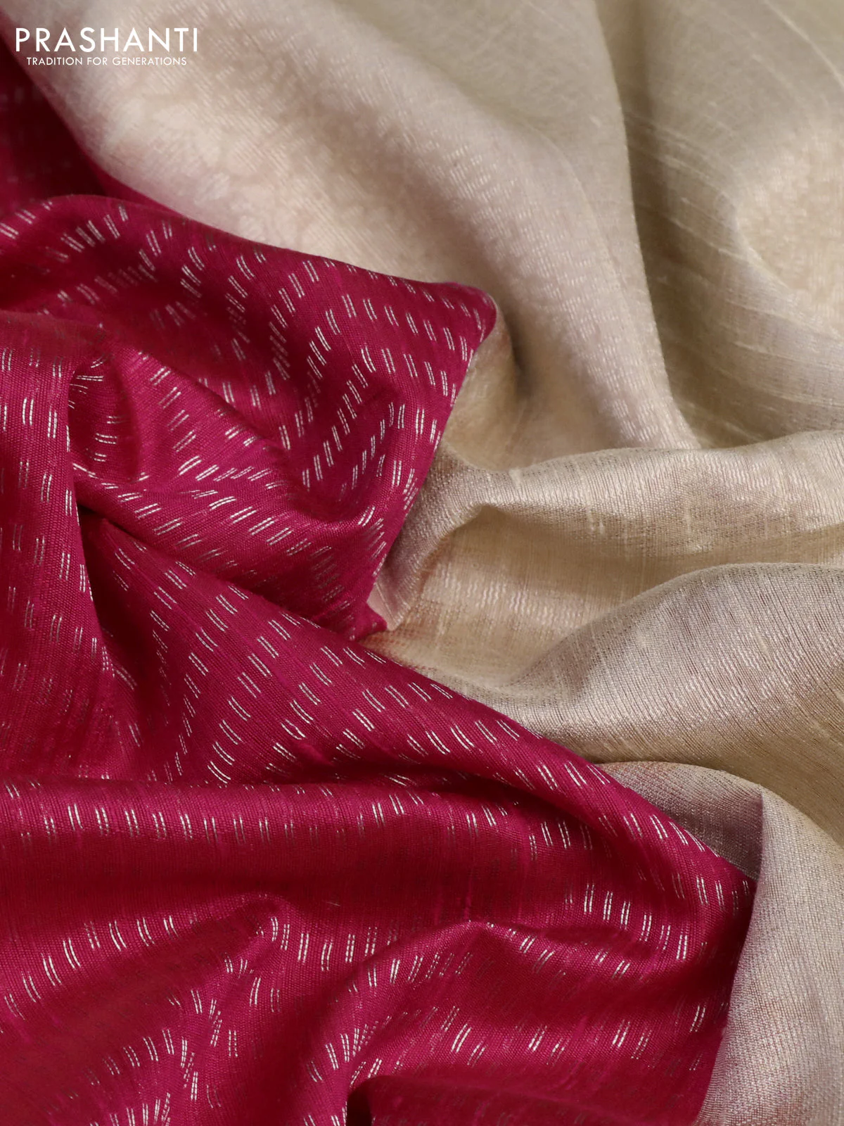 Pure raw silk saree pink and cream with allover silver zari weaves and silver zari woven border - Image 3