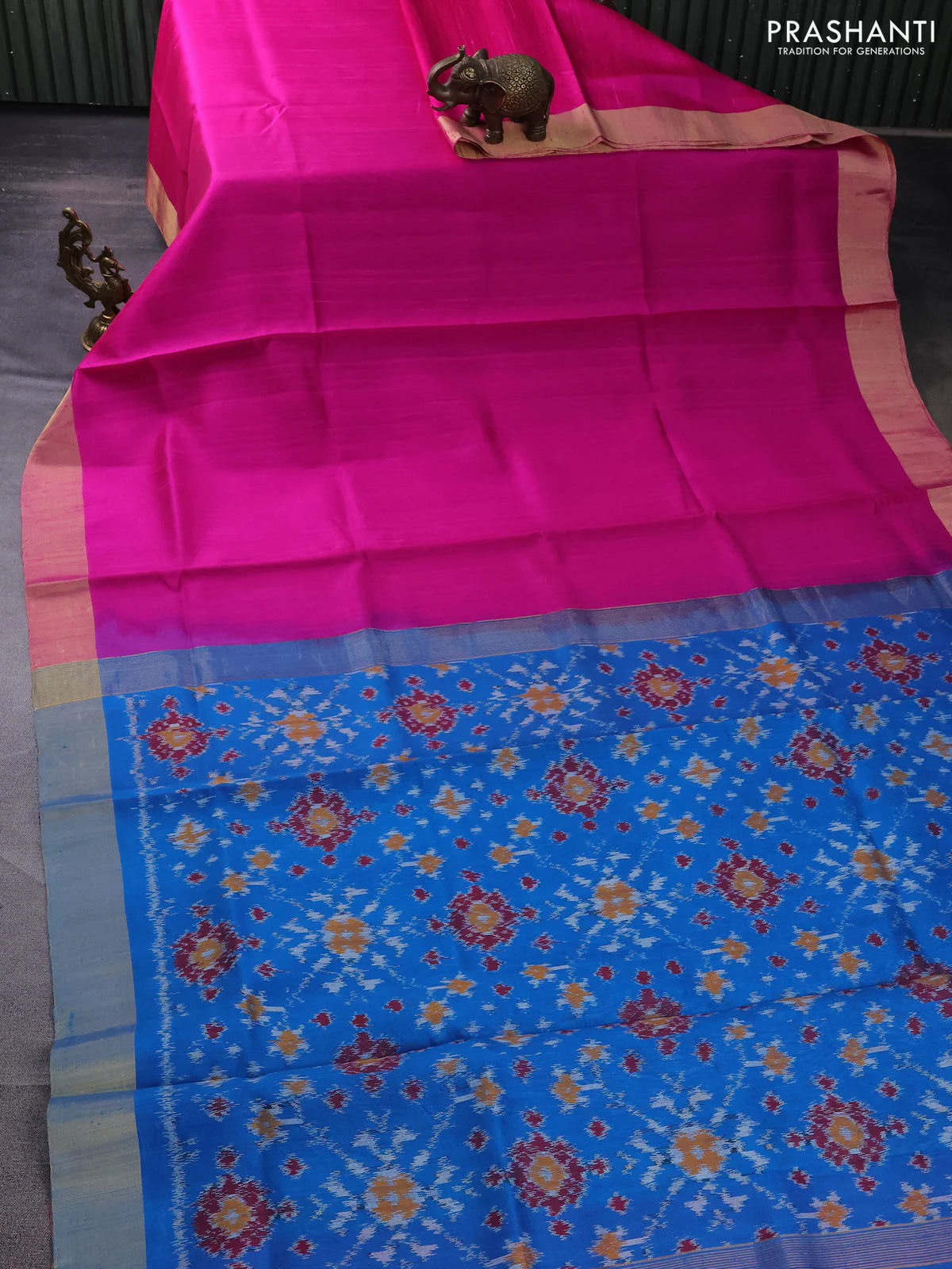 Pure raw silk saree pink and cs blue with plain body and ikat weaves pallu - Image 2