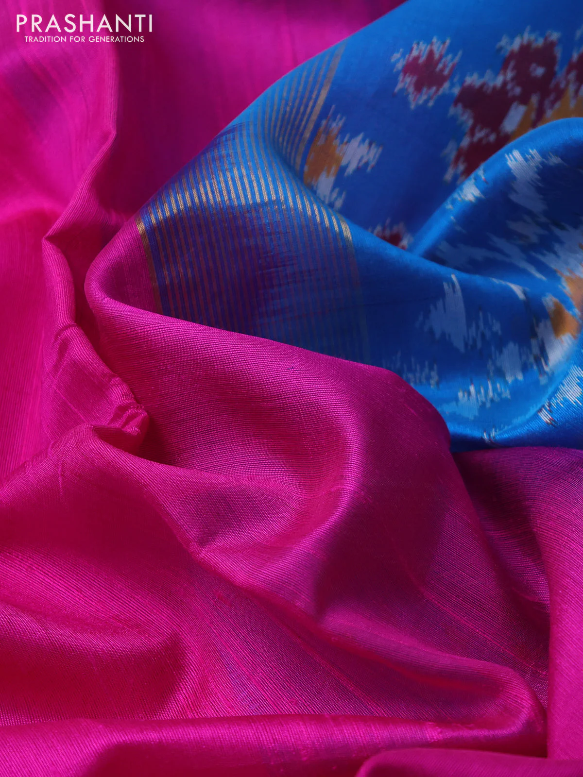 Pure raw silk saree pink and cs blue with plain body and ikat weaves pallu - Image 3